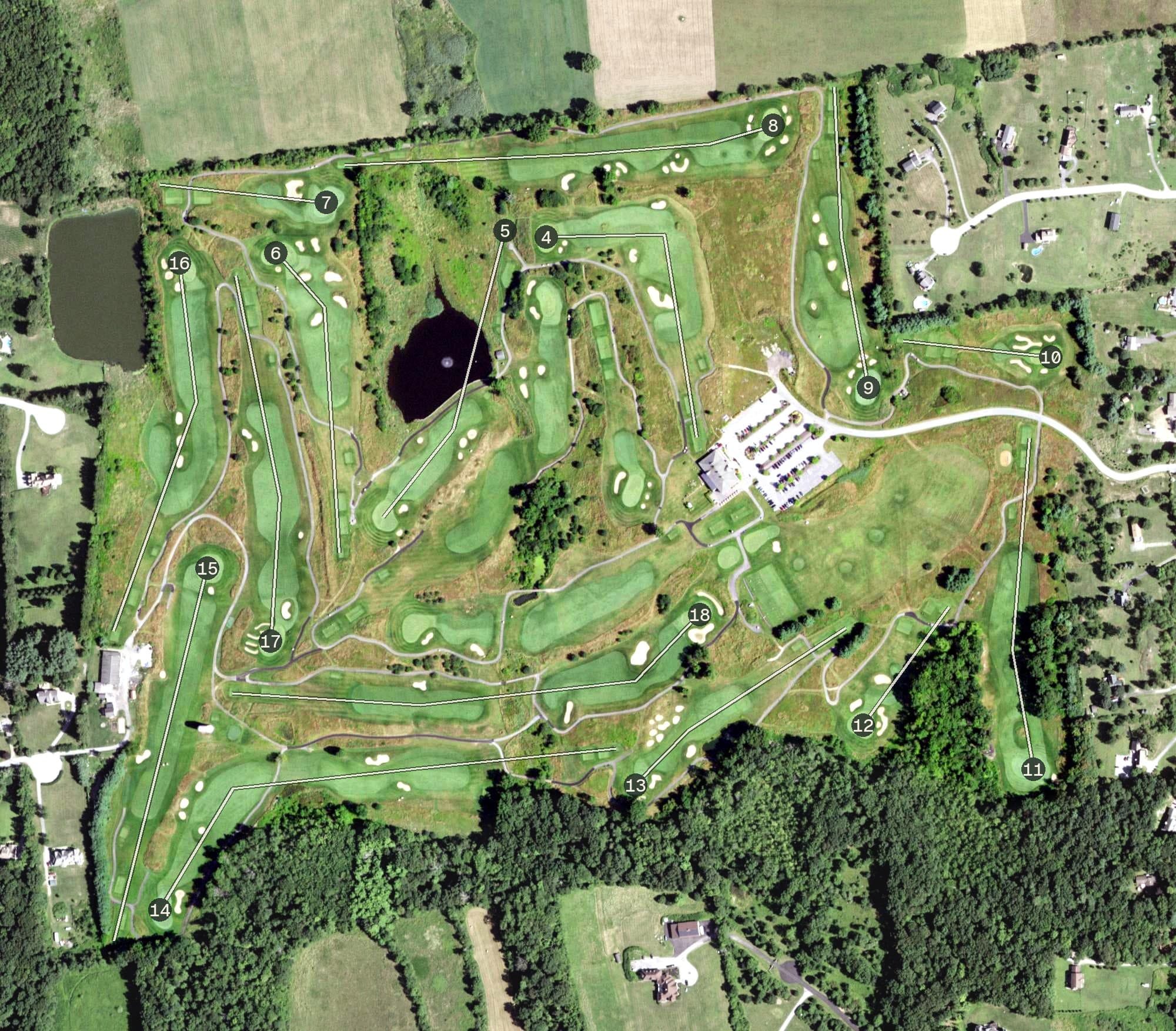 Aerial view of The Links at Union Vale, NY, with its hole routing marked