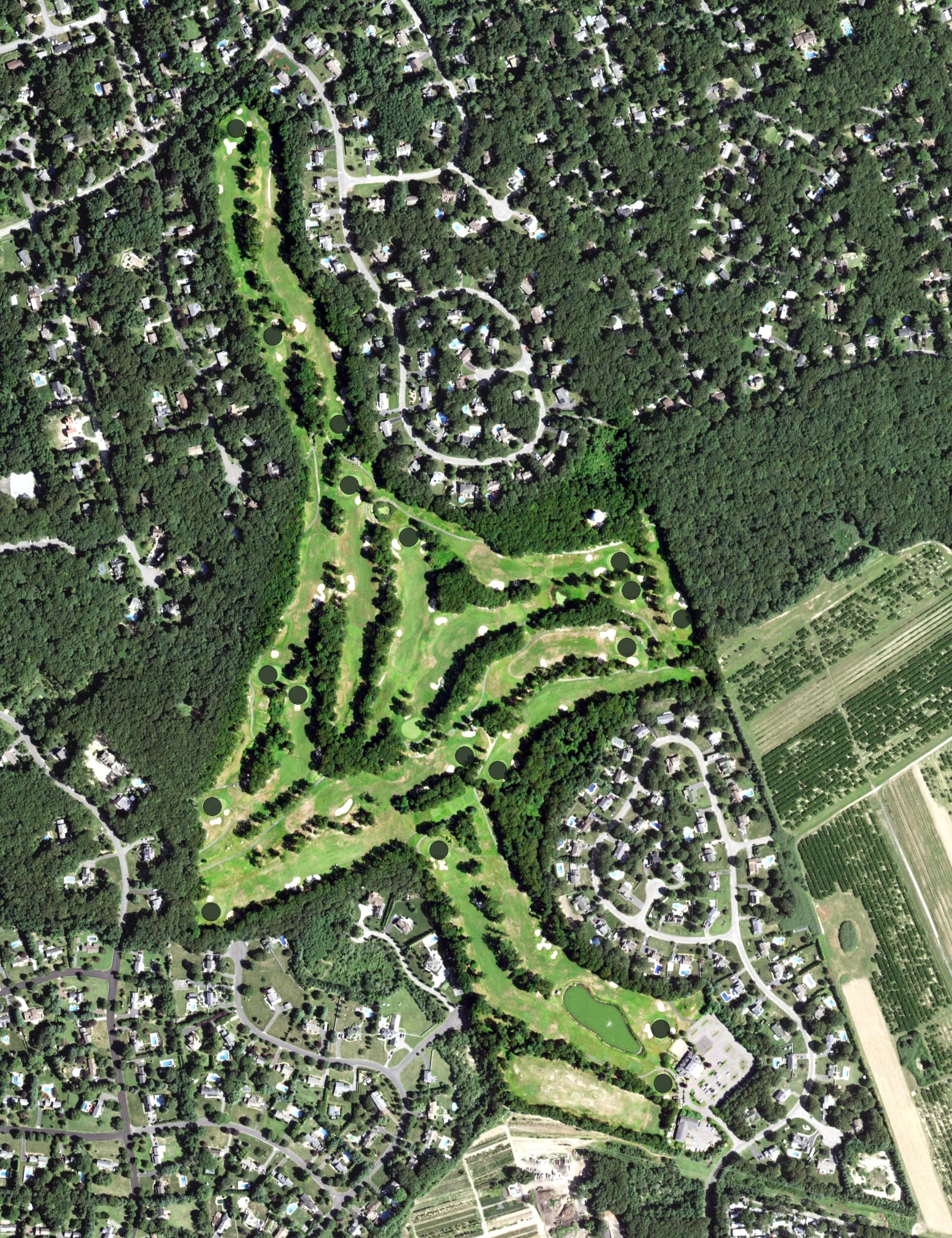 Aerial view of The Rock Golf Club, NY, with its hole routing marked