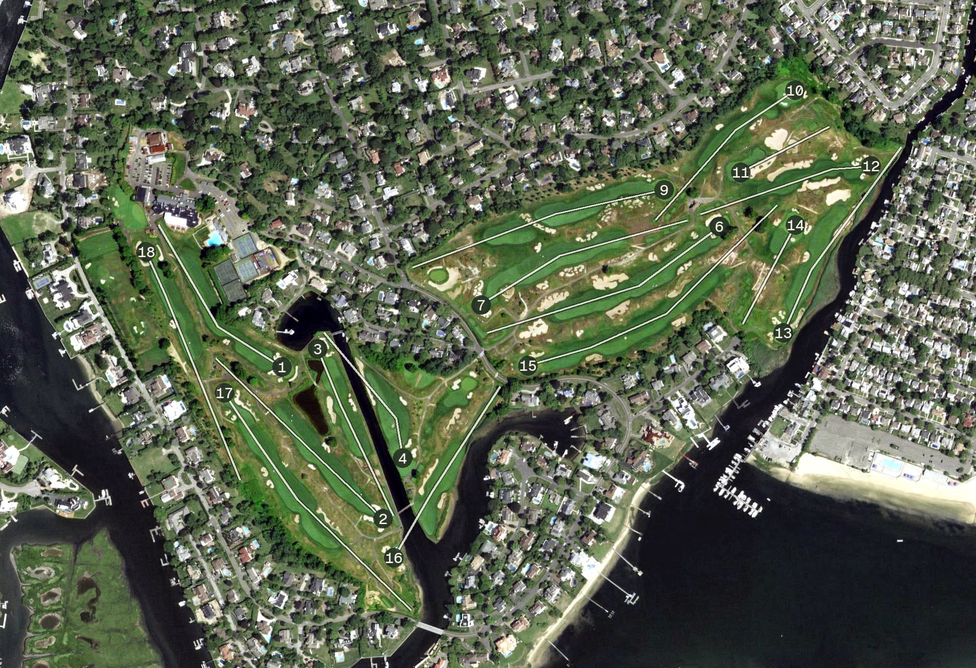 Aerial view of The Seawane Club, NY, with its hole routing marked