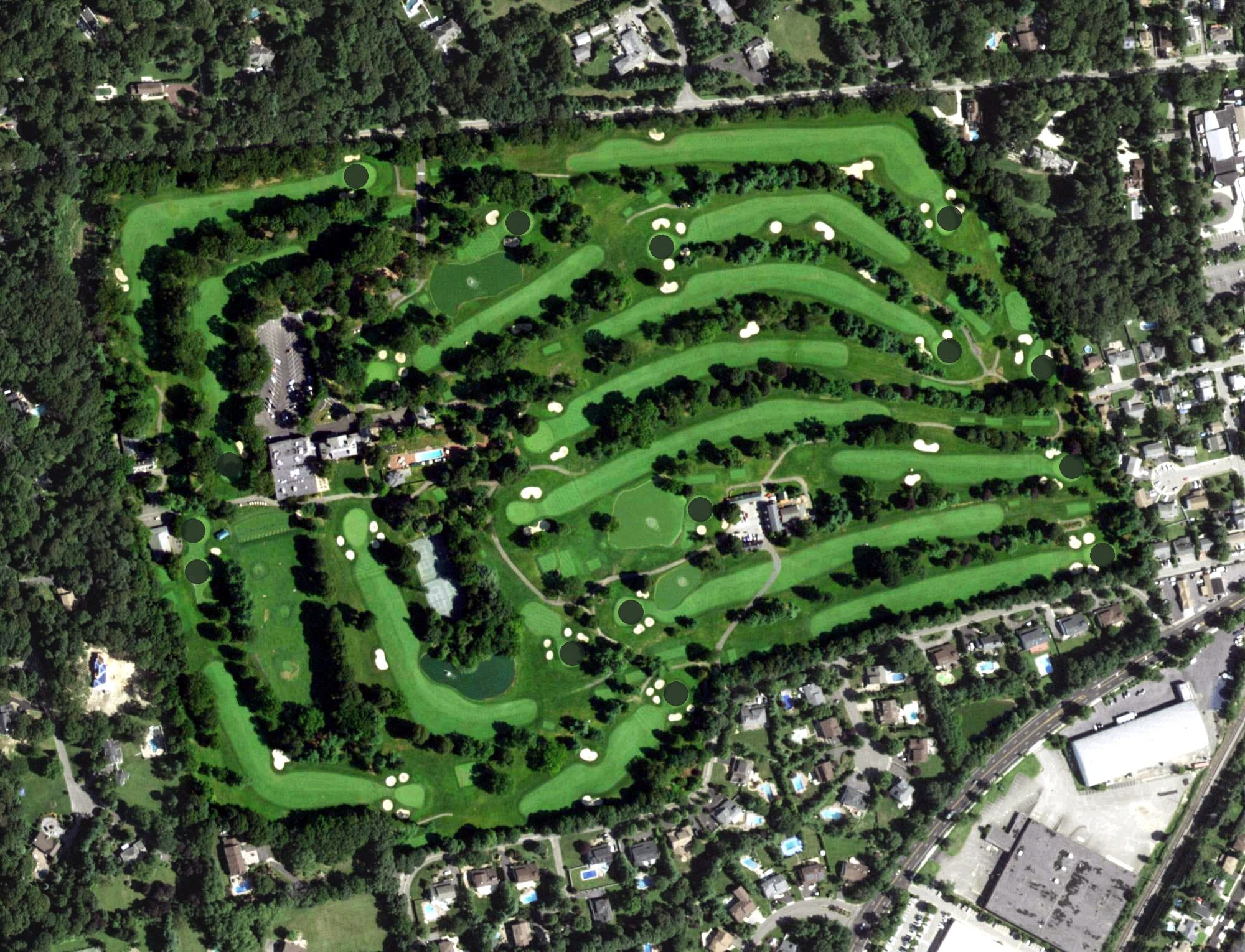 Aerial view of The Woodside Club, NY, with its hole routing marked