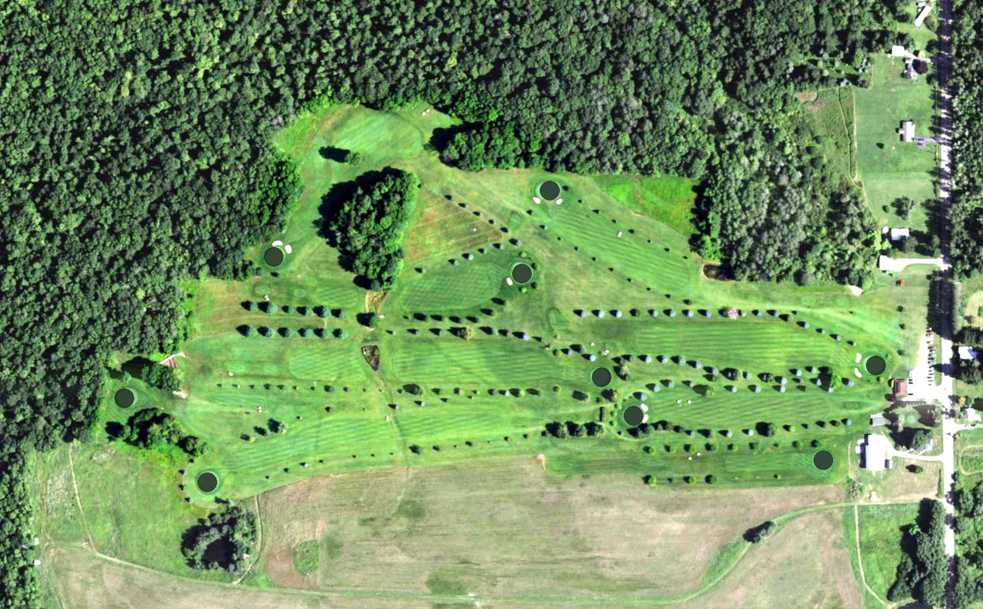 Aerial view of Timber Creek Golf Course, NY, with its hole routing marked