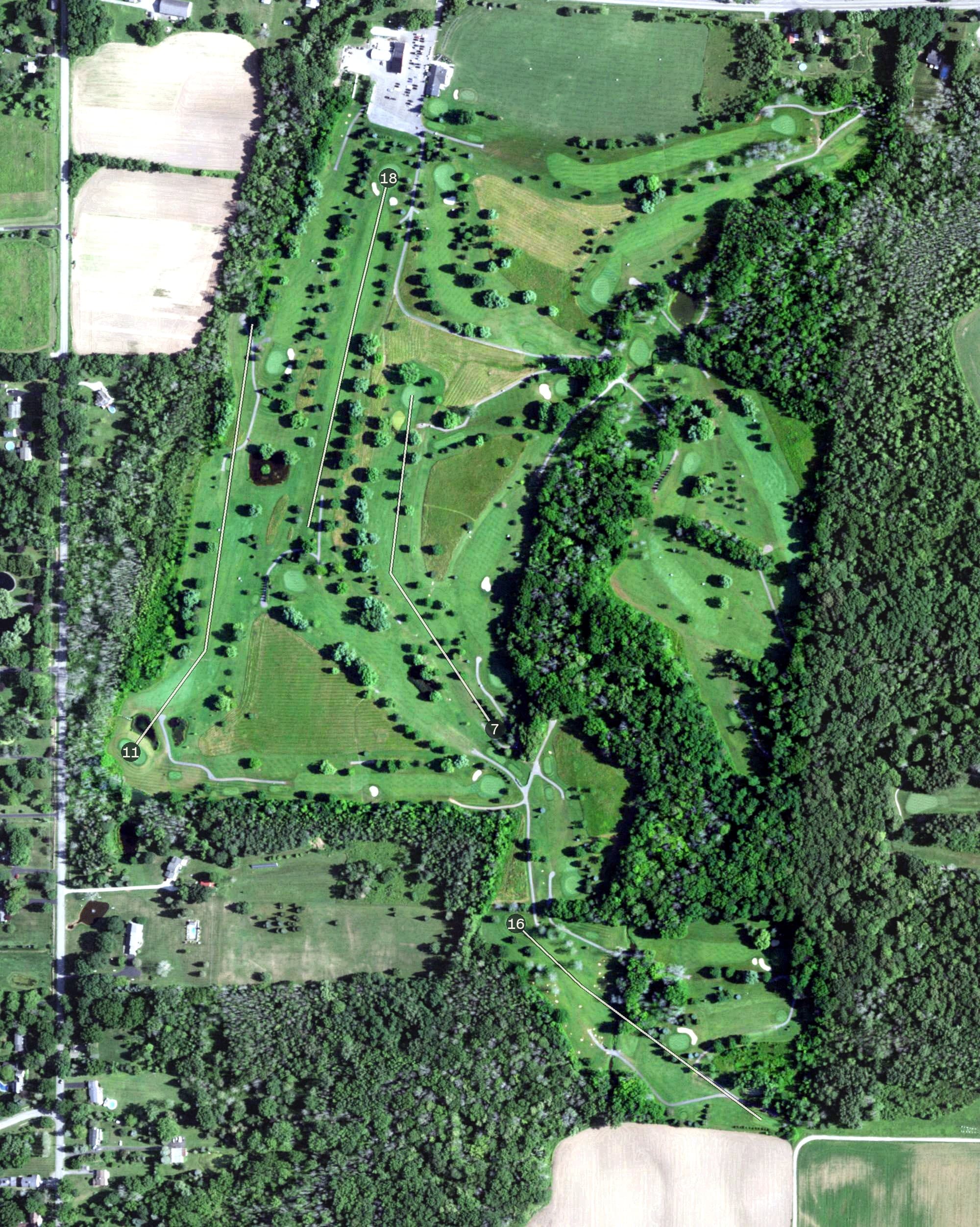 Aerial view of Timber Ridge Golf Club, NY, with its hole routing marked