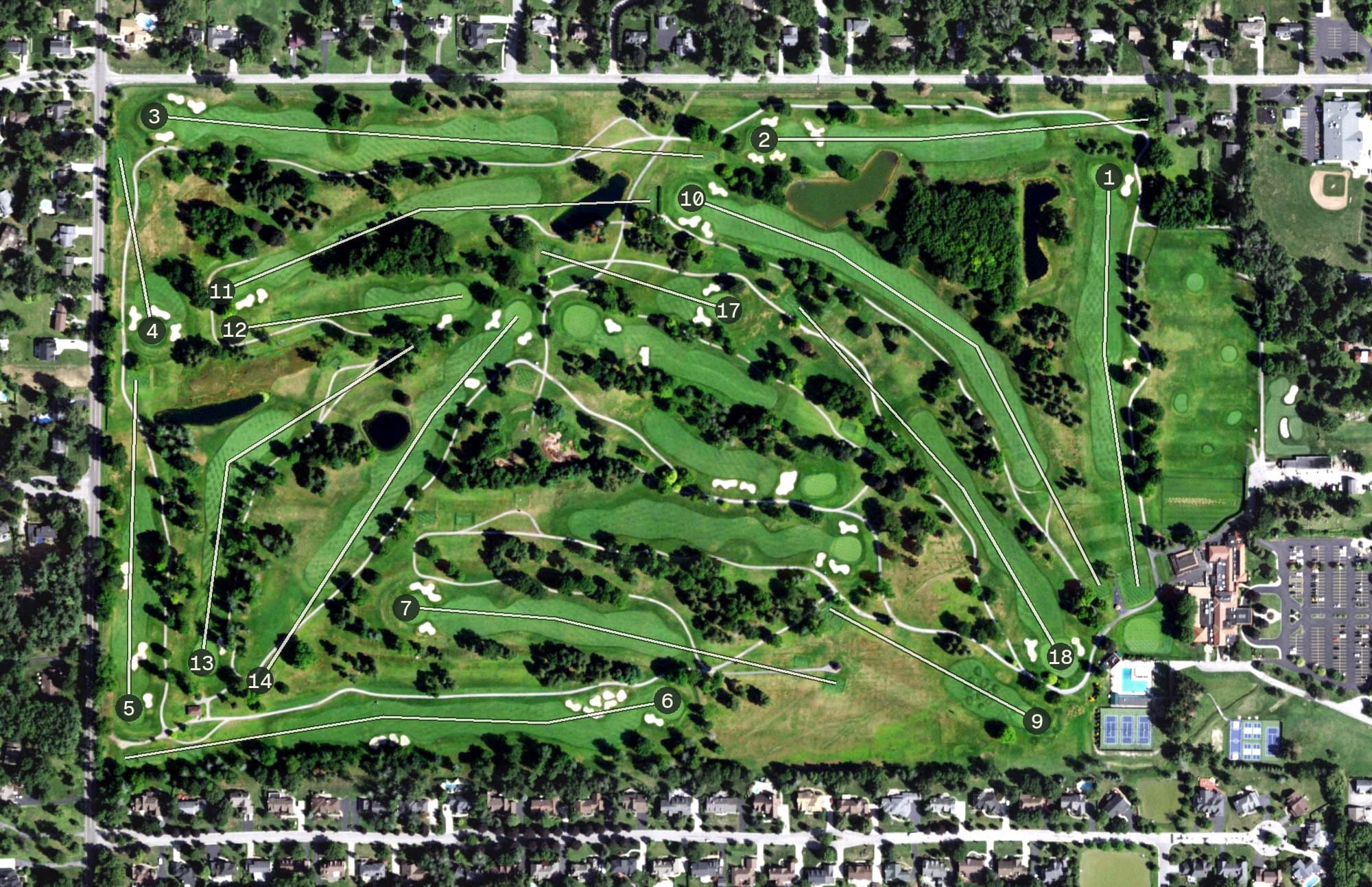 Aerial view of Transit Valley County Club, NY, with its hole routing marked