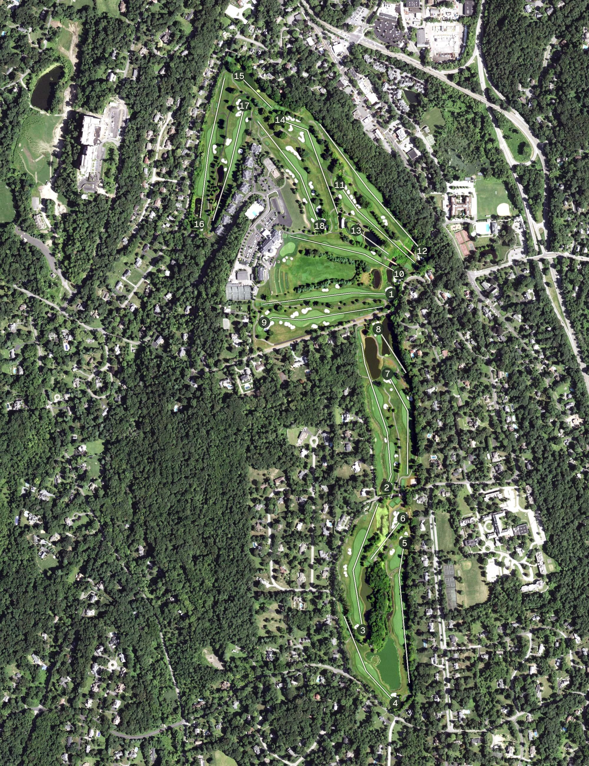 Aerial view of Trump National Golf Club Westchester, NY, with its hole routing marked