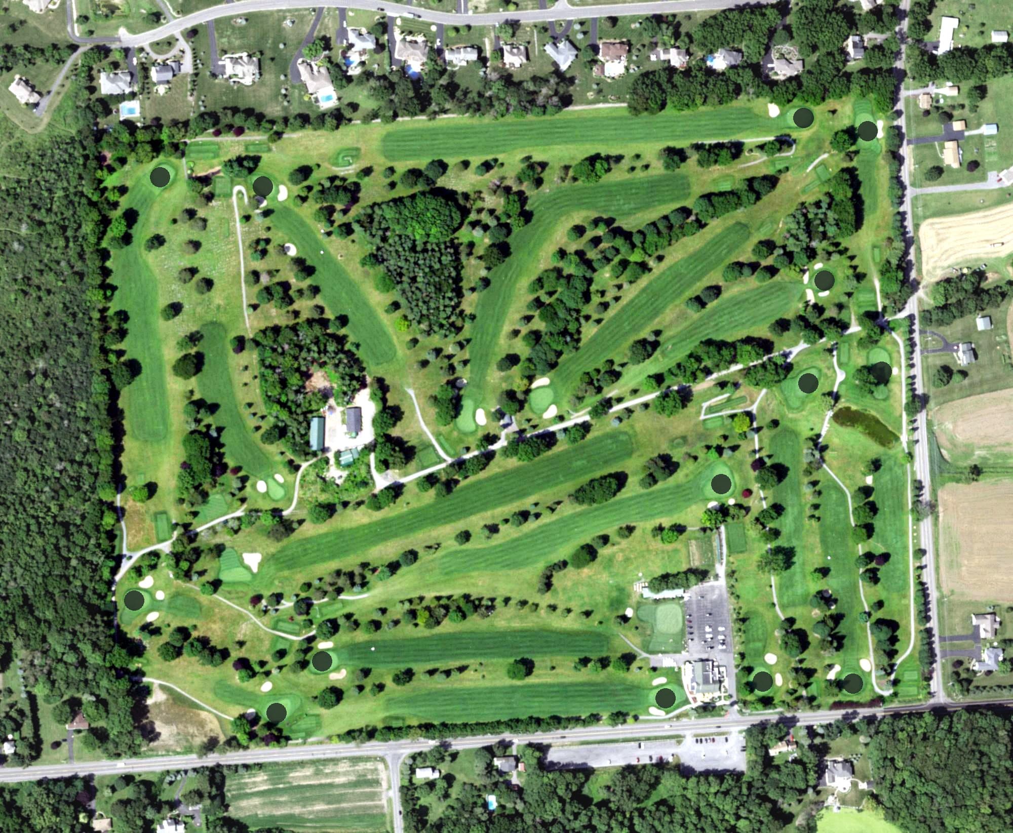 Aerial view of Tuscarora Golf Club, NY, with its hole routing marked
