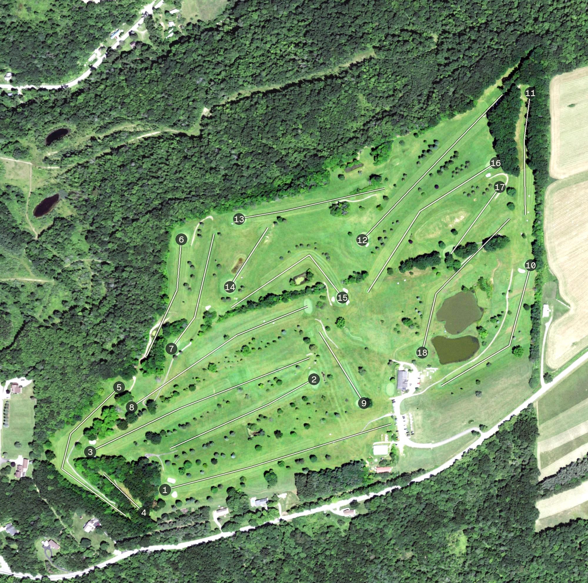 Aerial view of Twin Hickory Golf Club, NY, with its hole routing marked
