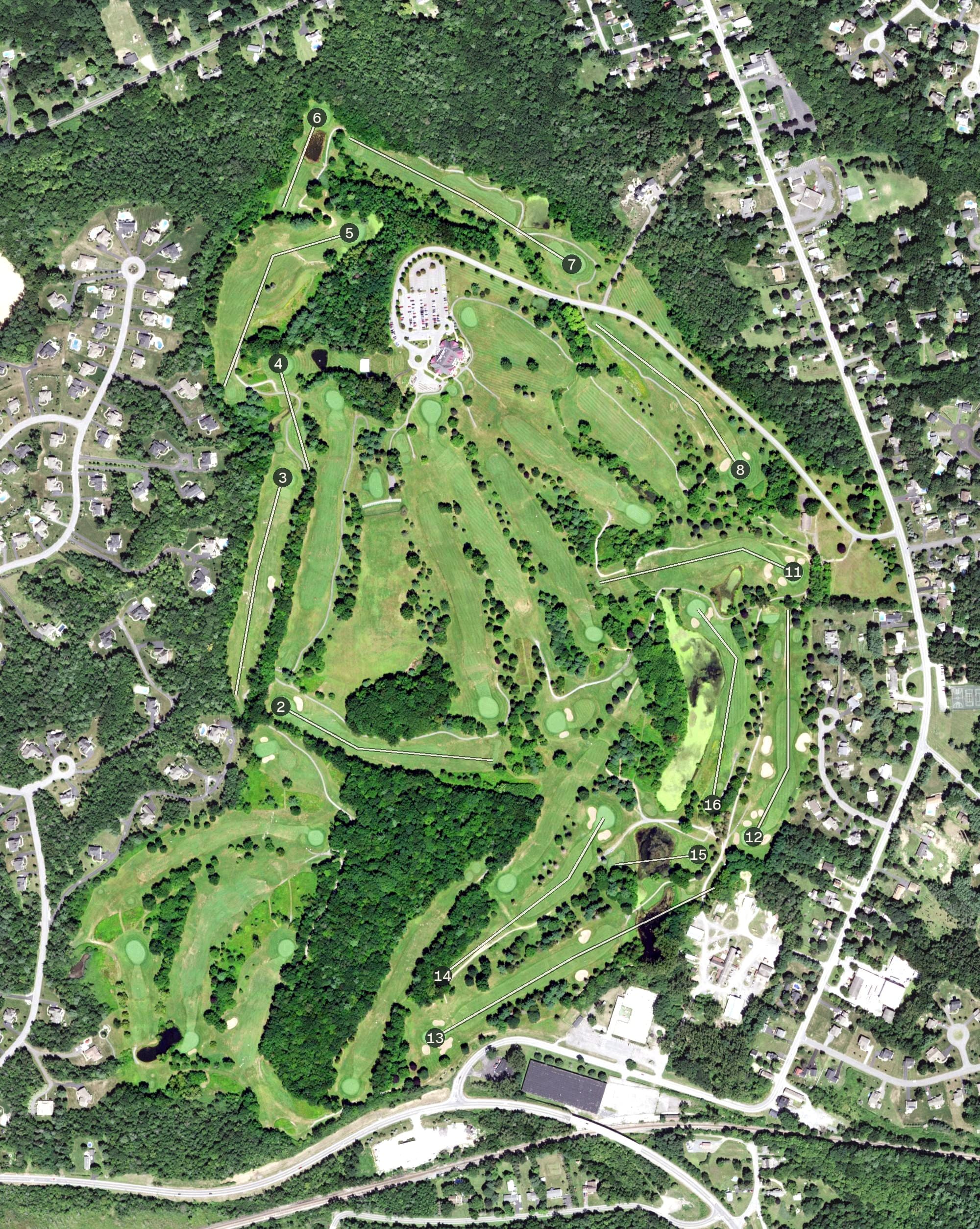 Aerial view of Van Patten Golf Club, NY, with its hole routing marked