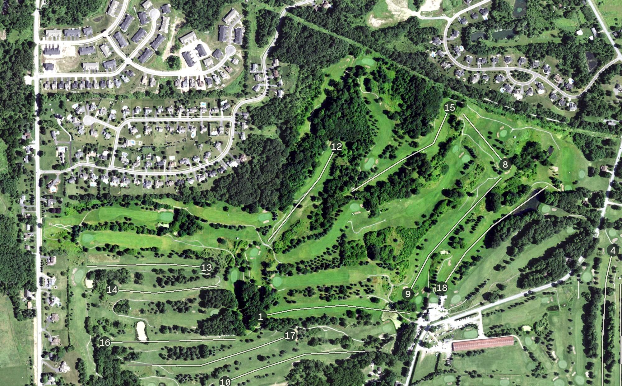 Aerial view of Victor Hills - North Course, NY, with its hole routing marked