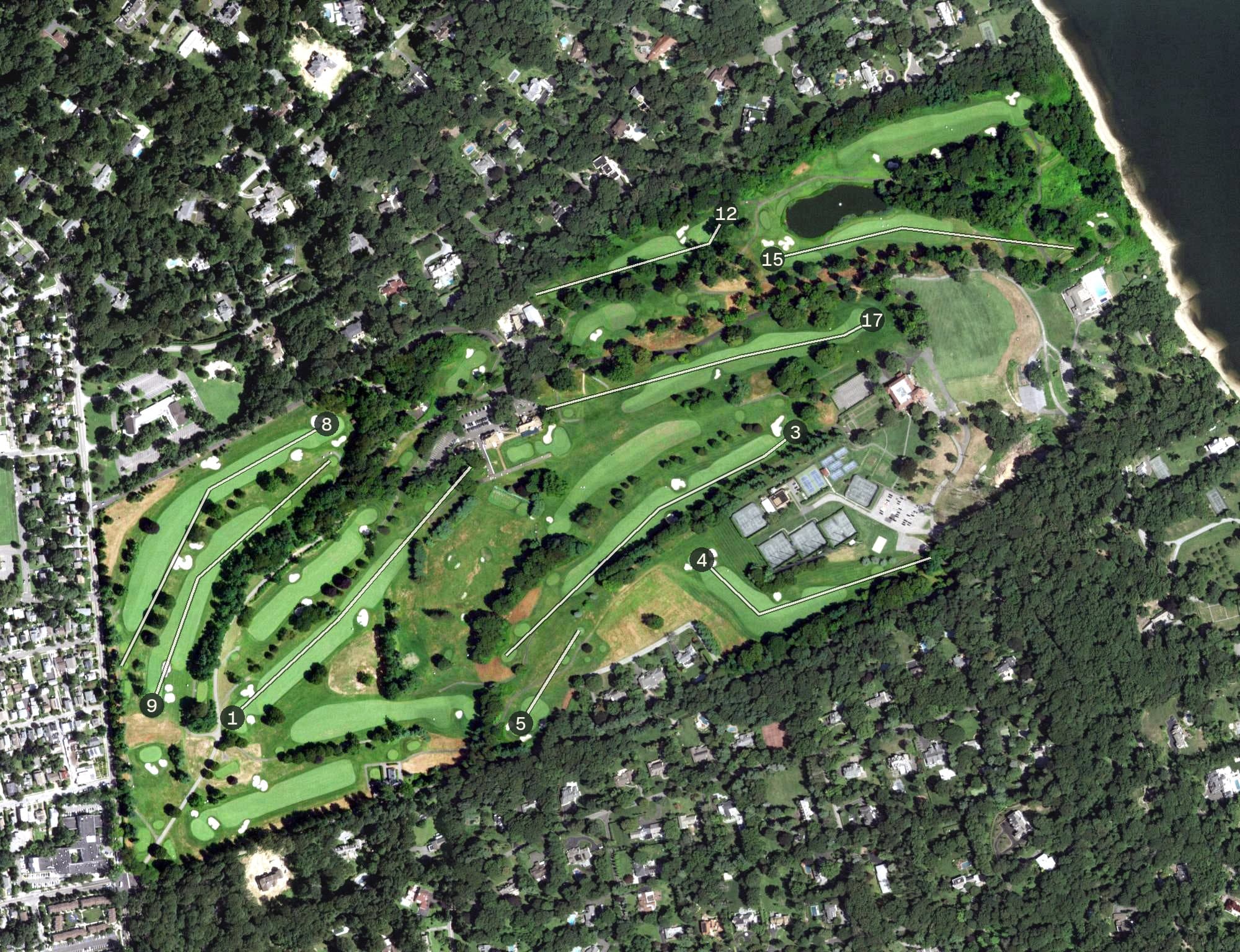 Aerial view of Village Club of Sands Point, NY, with its hole routing marked