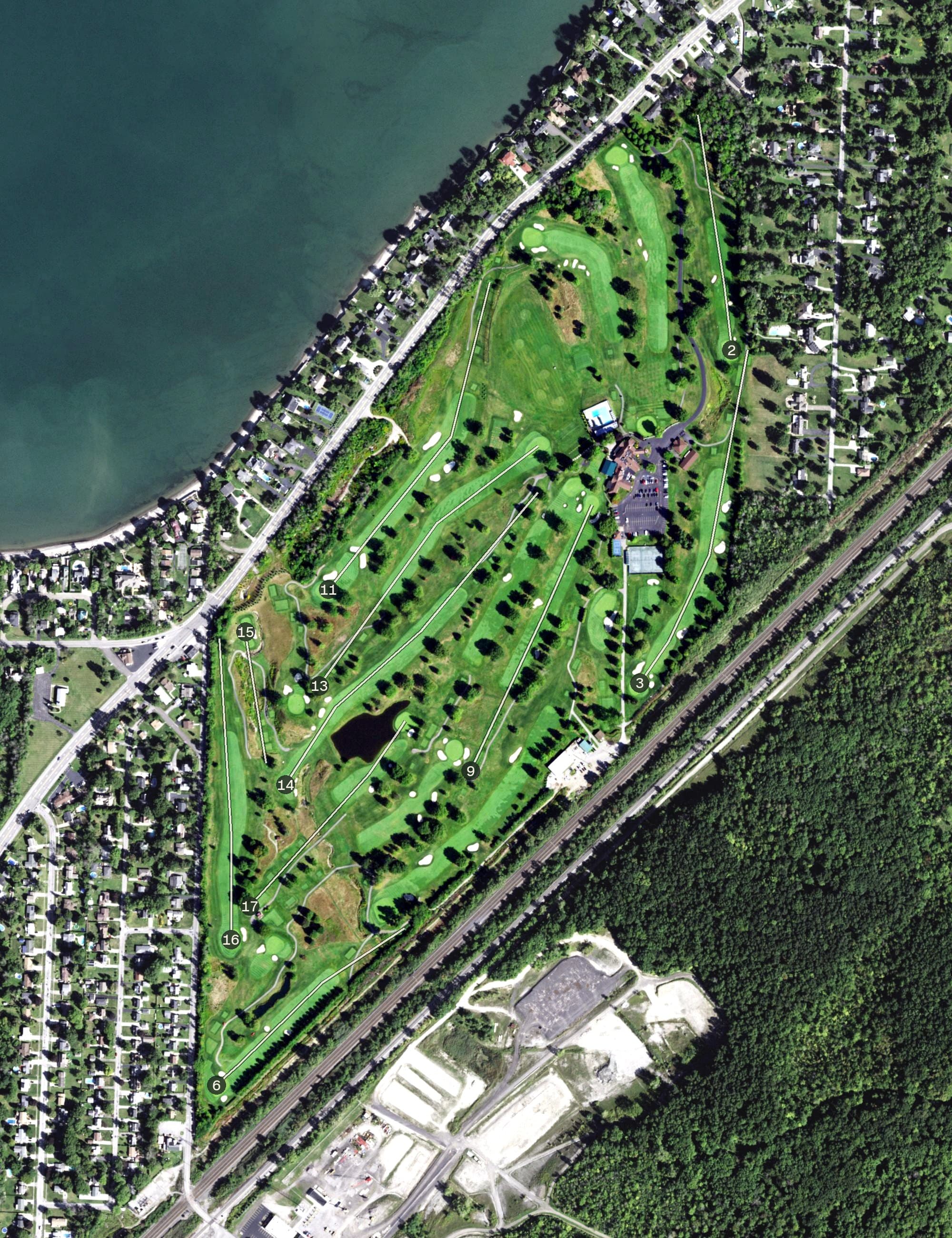 Aerial view of Wanakah Country Club, NY, with its hole routing marked