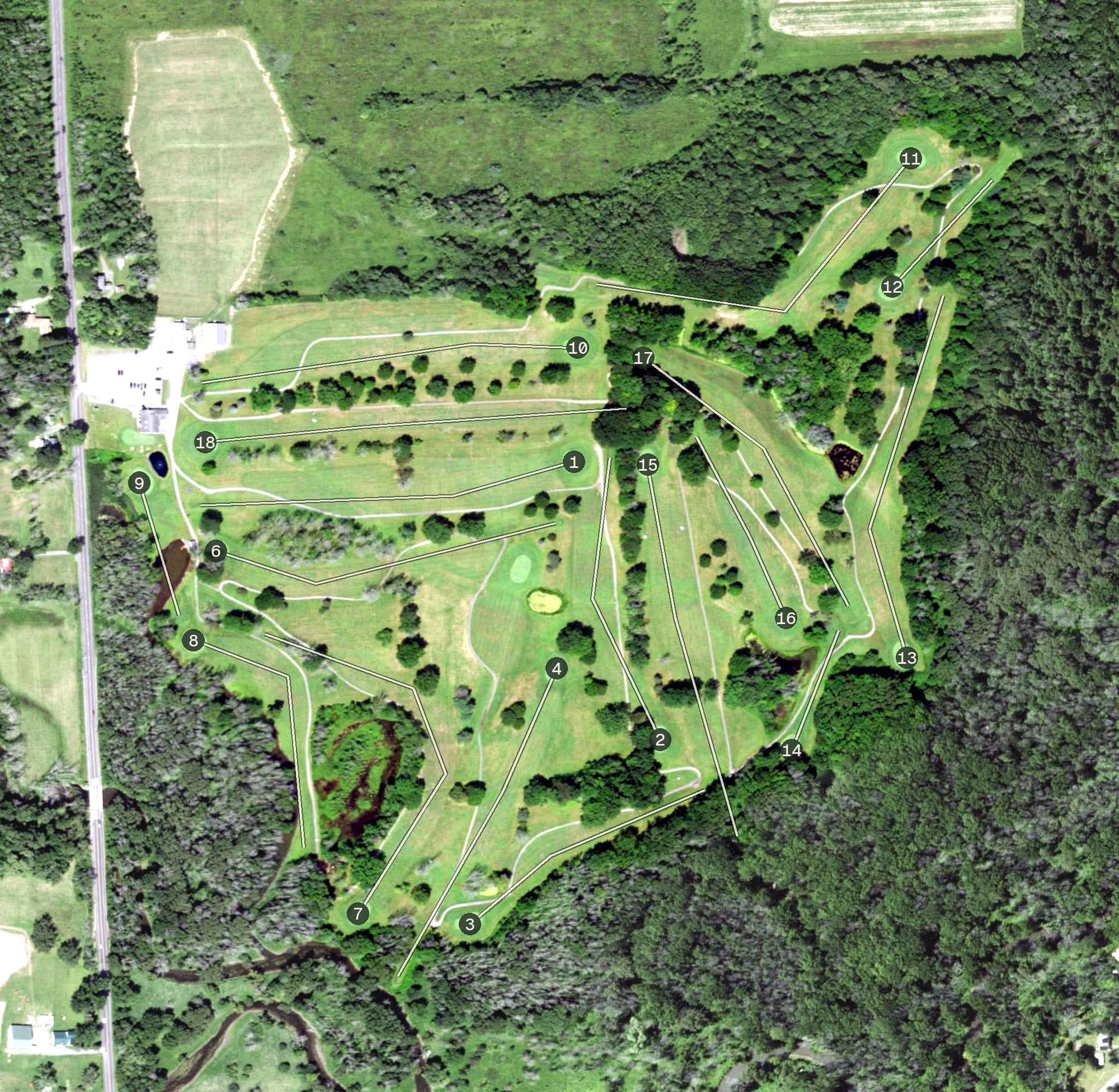 Aerial view of Wanoa Golf Course & Driving Range, NY, with its hole routing marked