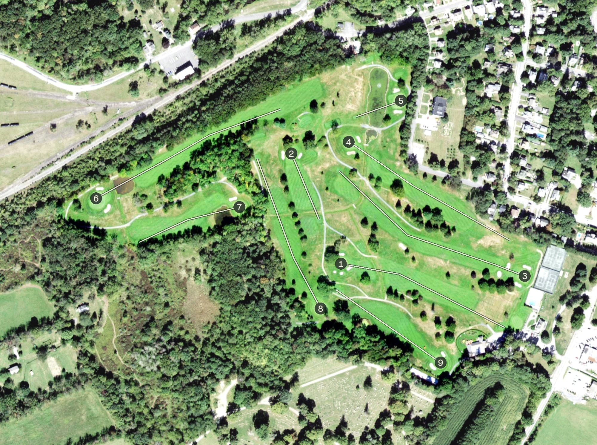 Aerial view of Warwick Valley Country Club, NY, with its hole routing marked