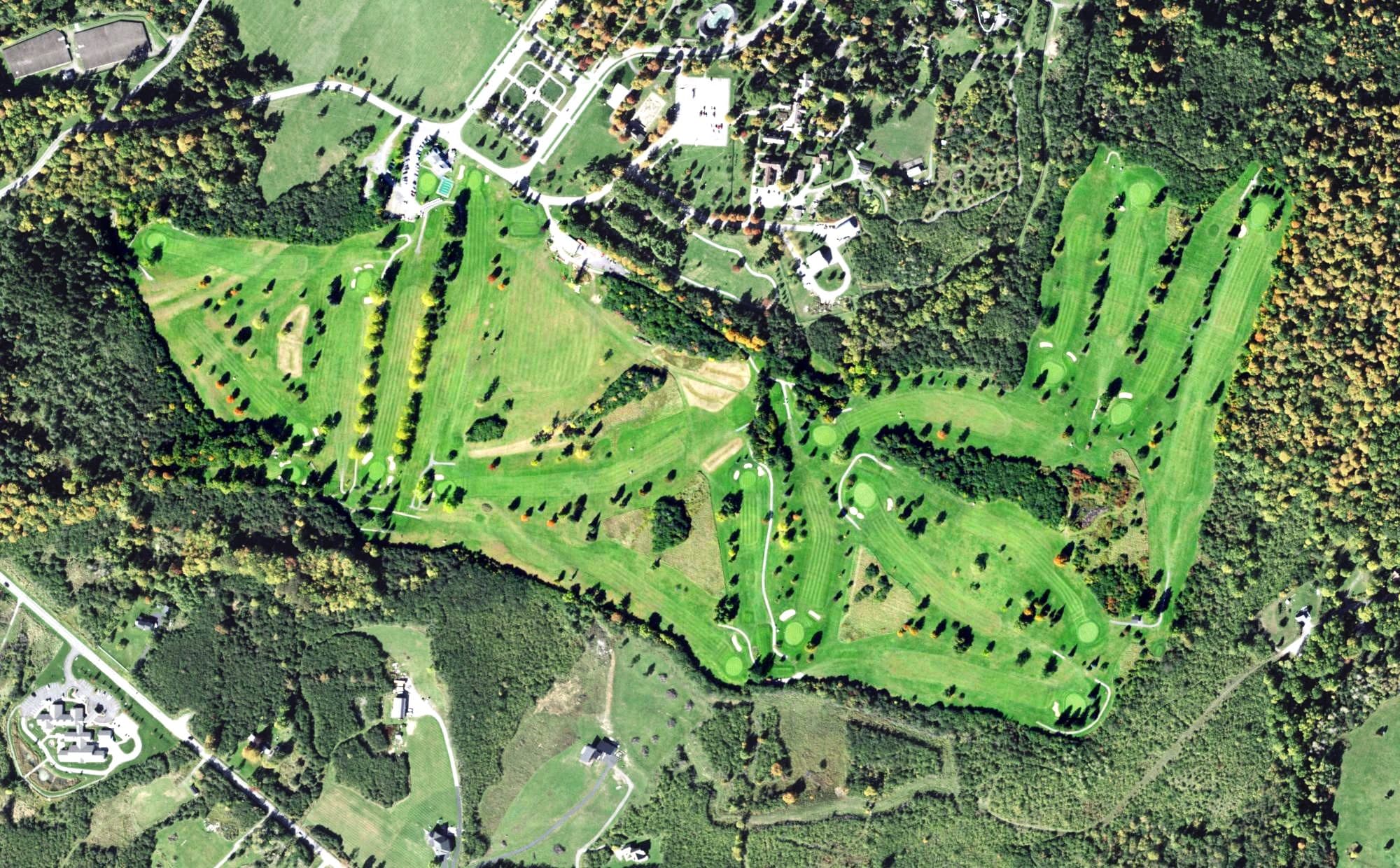 Aerial view of Watertown Golf Club, NY, with its hole routing marked