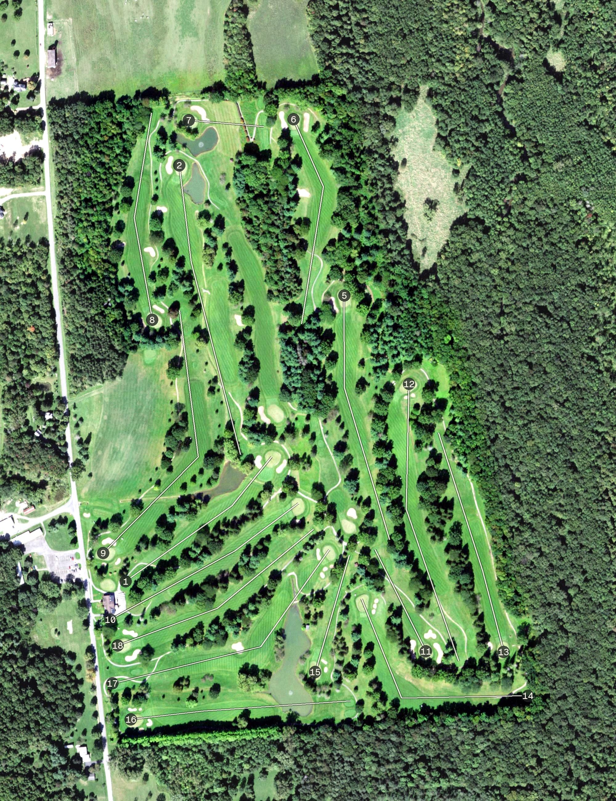 Aerial view of Wayne Hills Country Club, NY, with its hole routing marked
