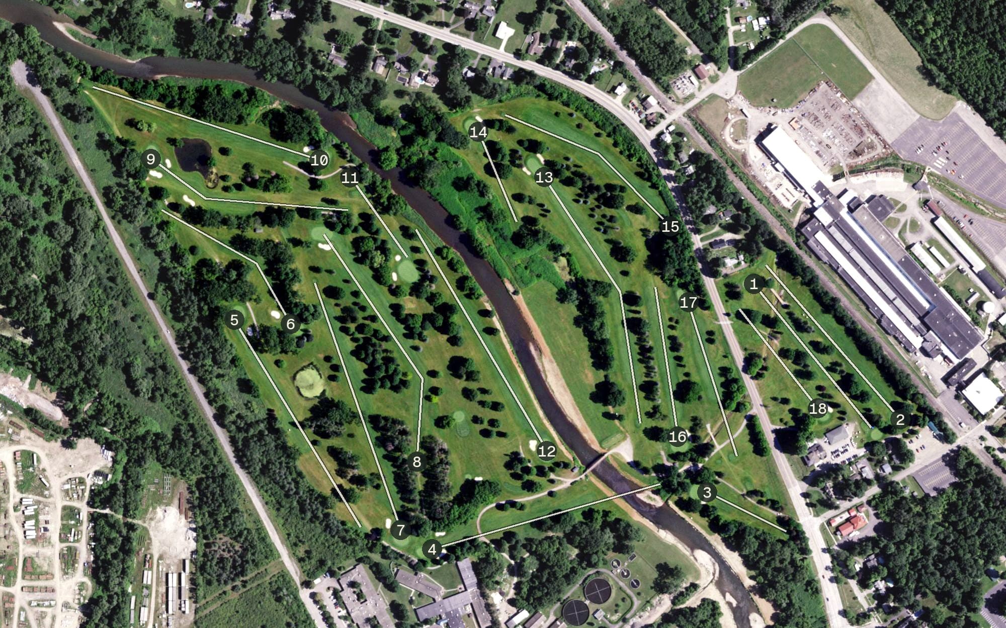 Aerial view of Wellsville Country Club, NY, with its hole routing marked