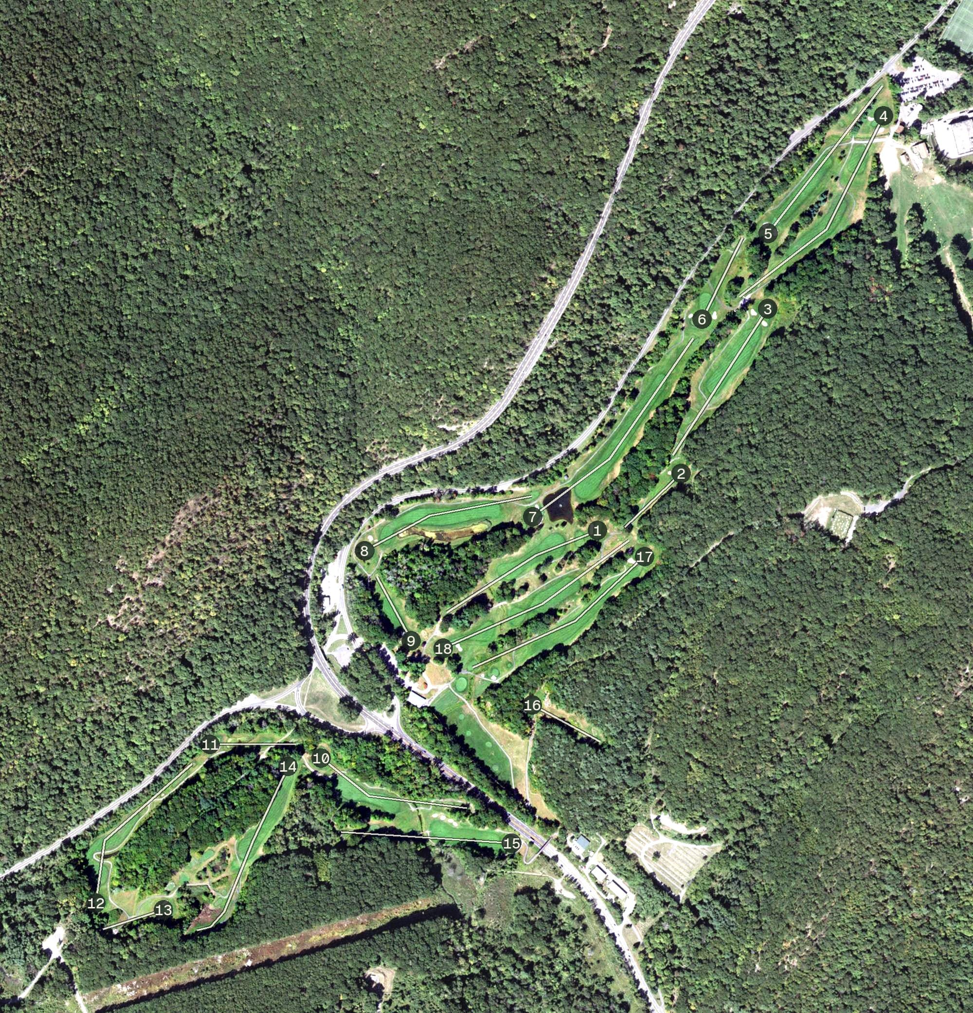 Aerial view of West Point Golf Course, NY, with its hole routing marked