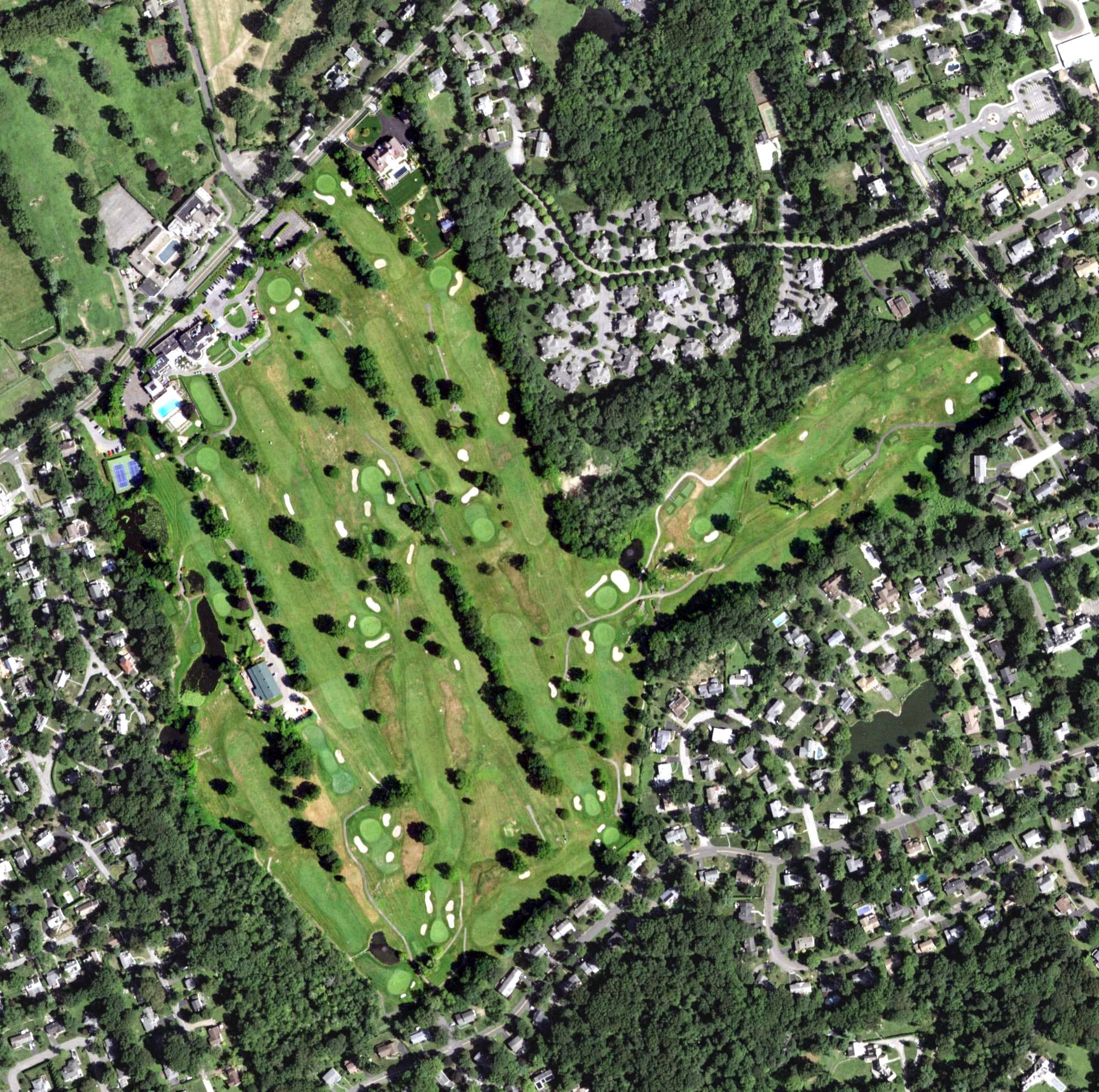 Aerial view of Westchester Hills Golf Club, NY, with its hole routing marked