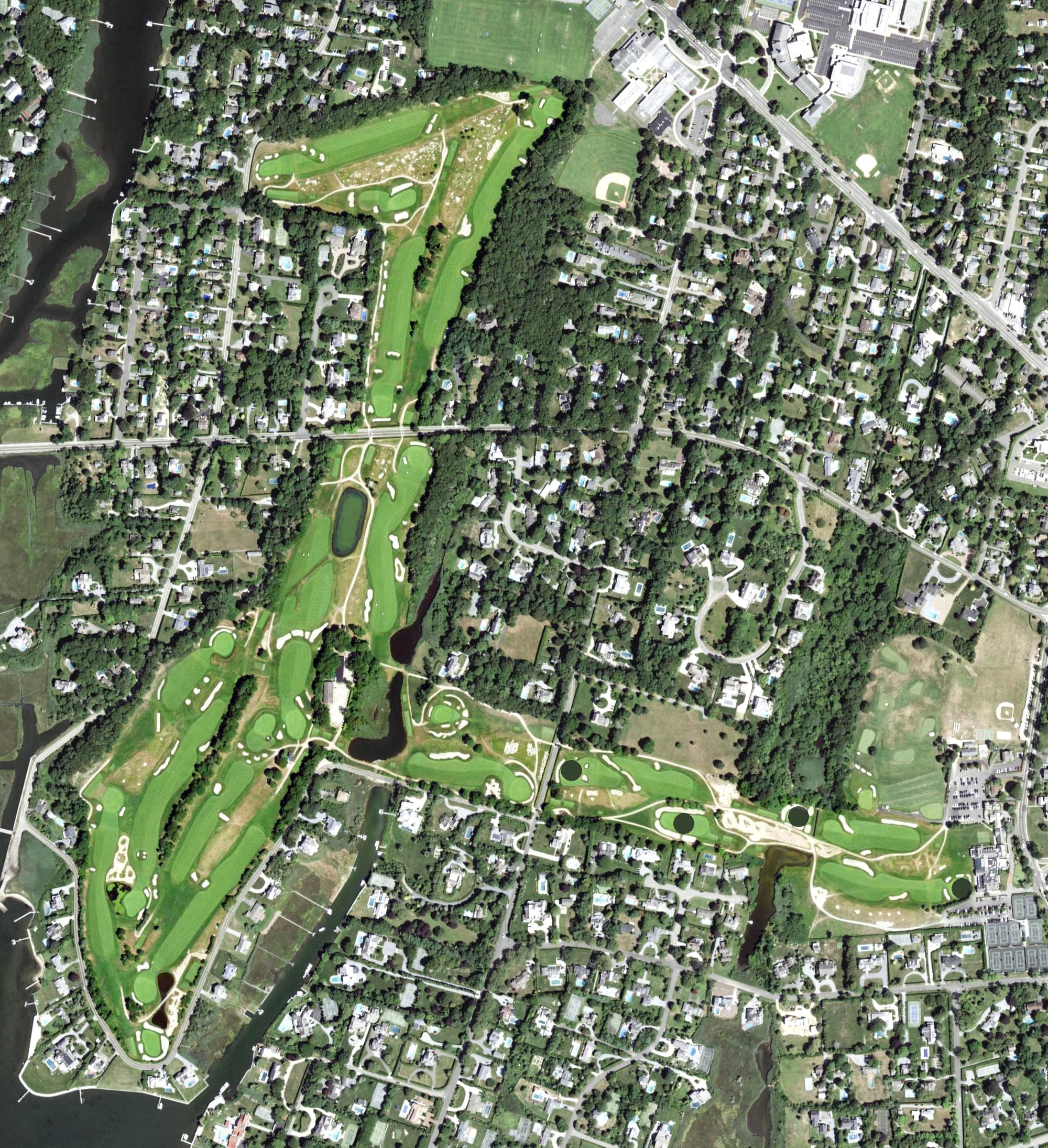 Aerial view of Westhampton Country Club, NY, with its hole routing marked