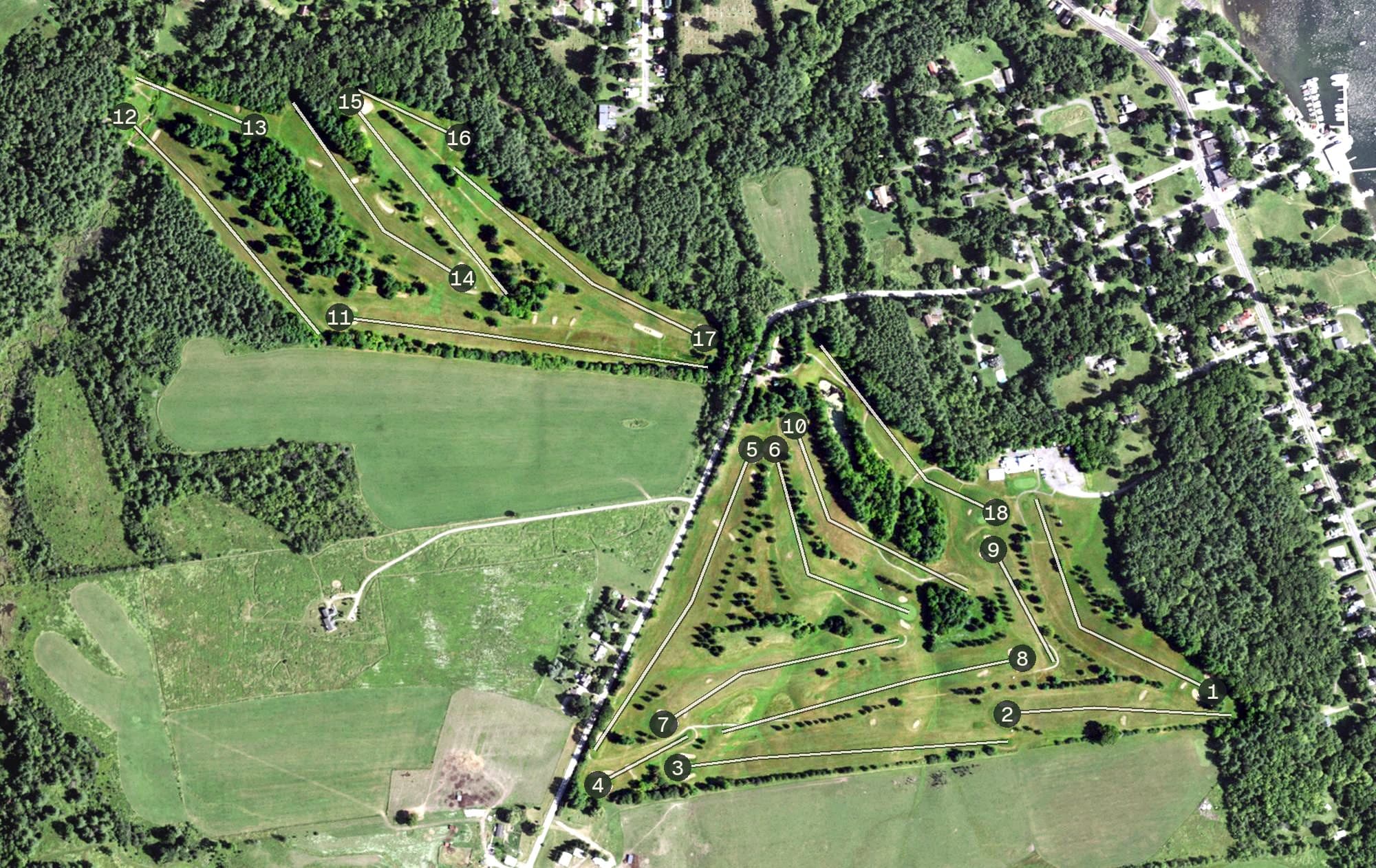 Aerial view of Westport Country Club, NY, with its hole routing marked