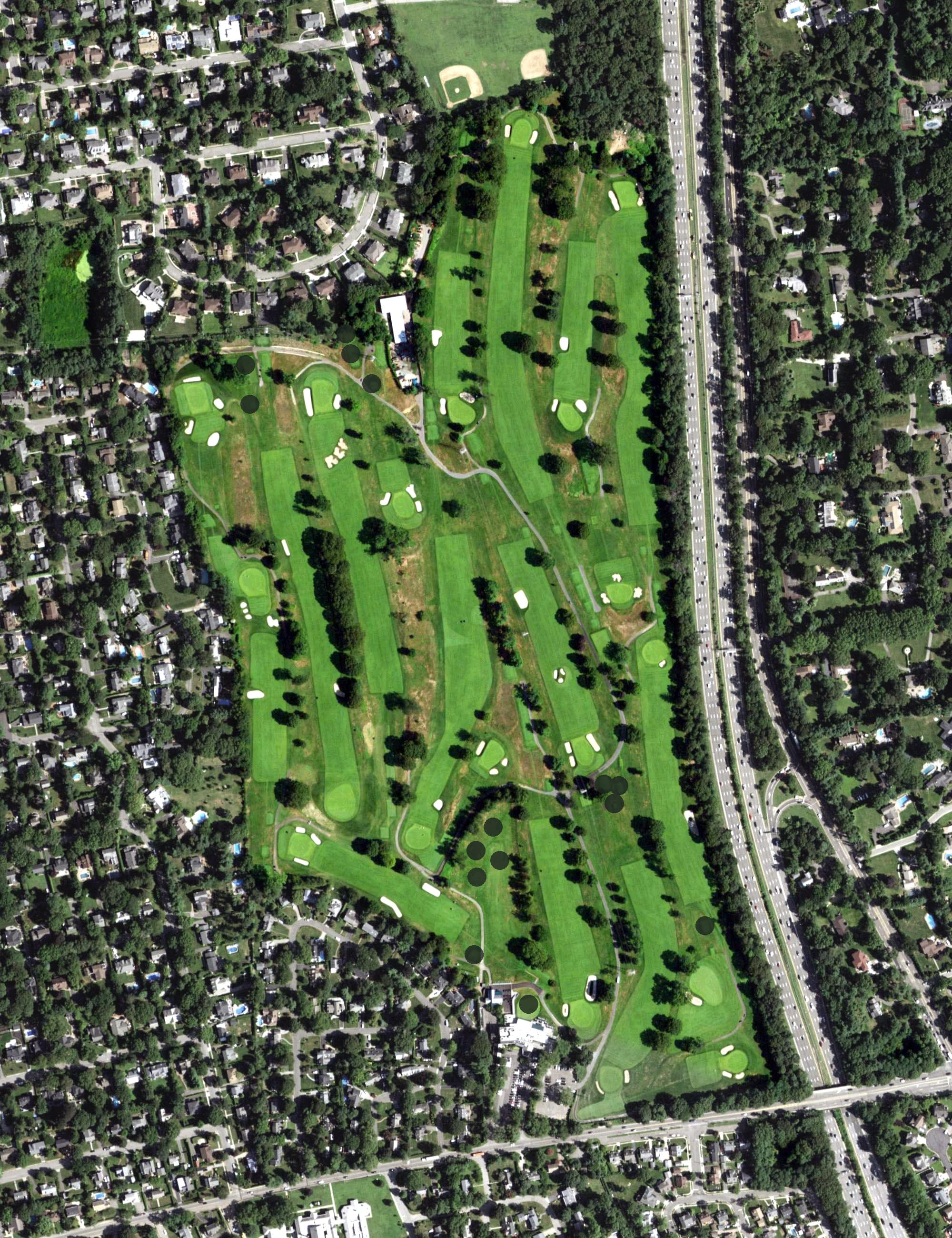 Aerial view of Wheatley Hills Golf Club, NY, with its hole routing marked