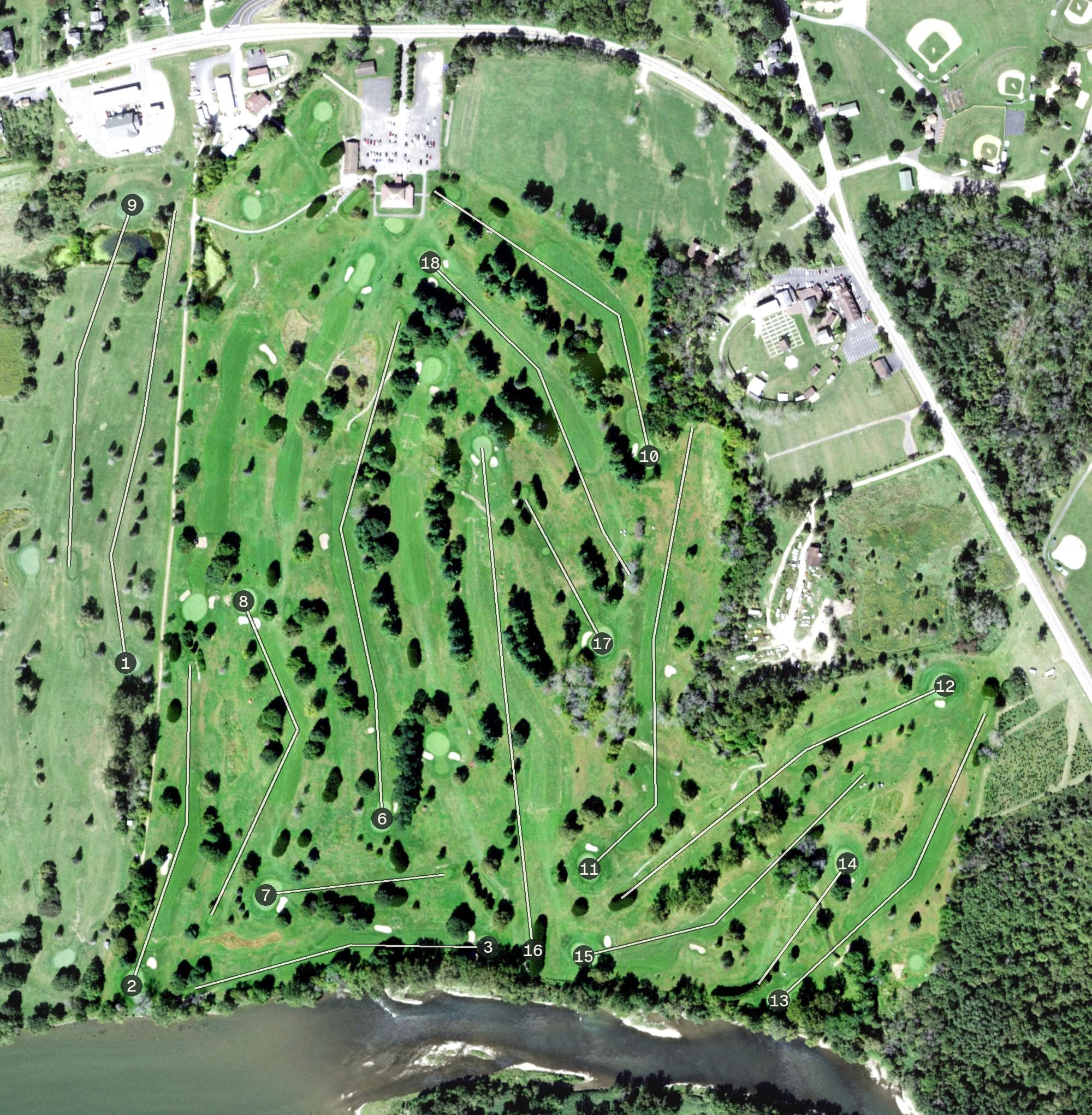 Aerial view of Willowcreek Golf Club - 18 Hole, NY, with its hole routing marked