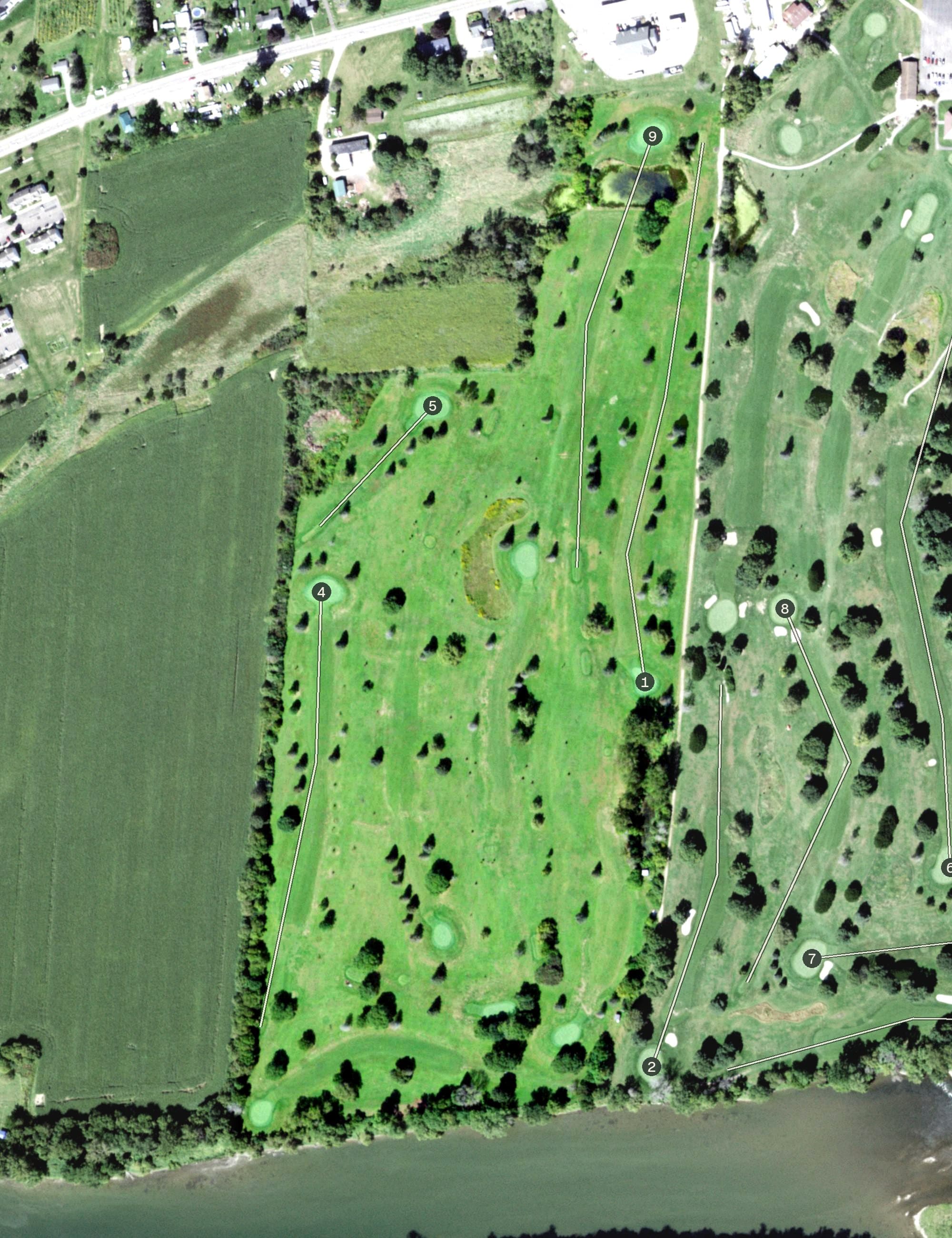 Aerial view of Willowcreek Golf Club - 9 Hole, NY, with its hole routing marked