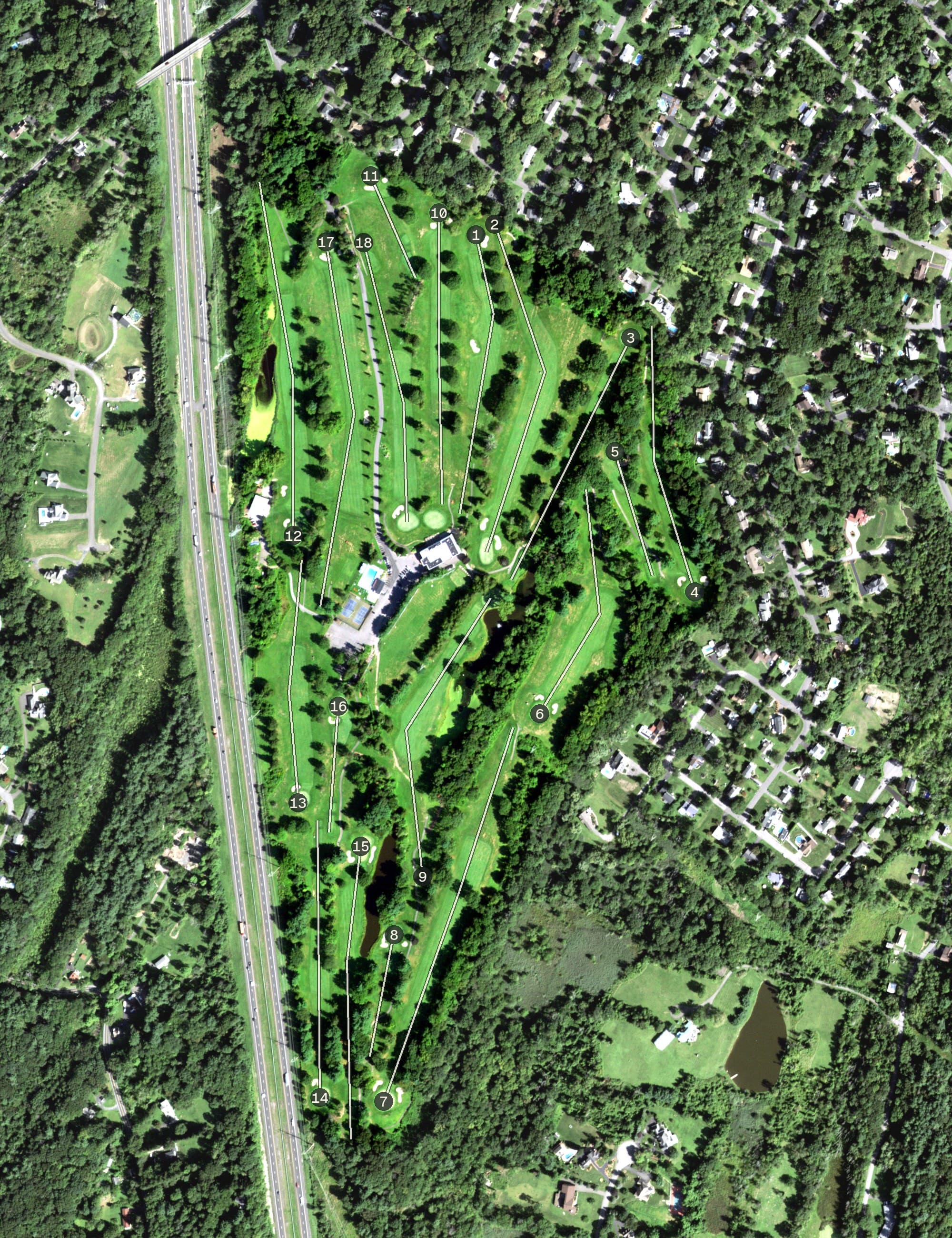 Aerial view of Wiltwyck Golf Club, NY, with its hole routing marked