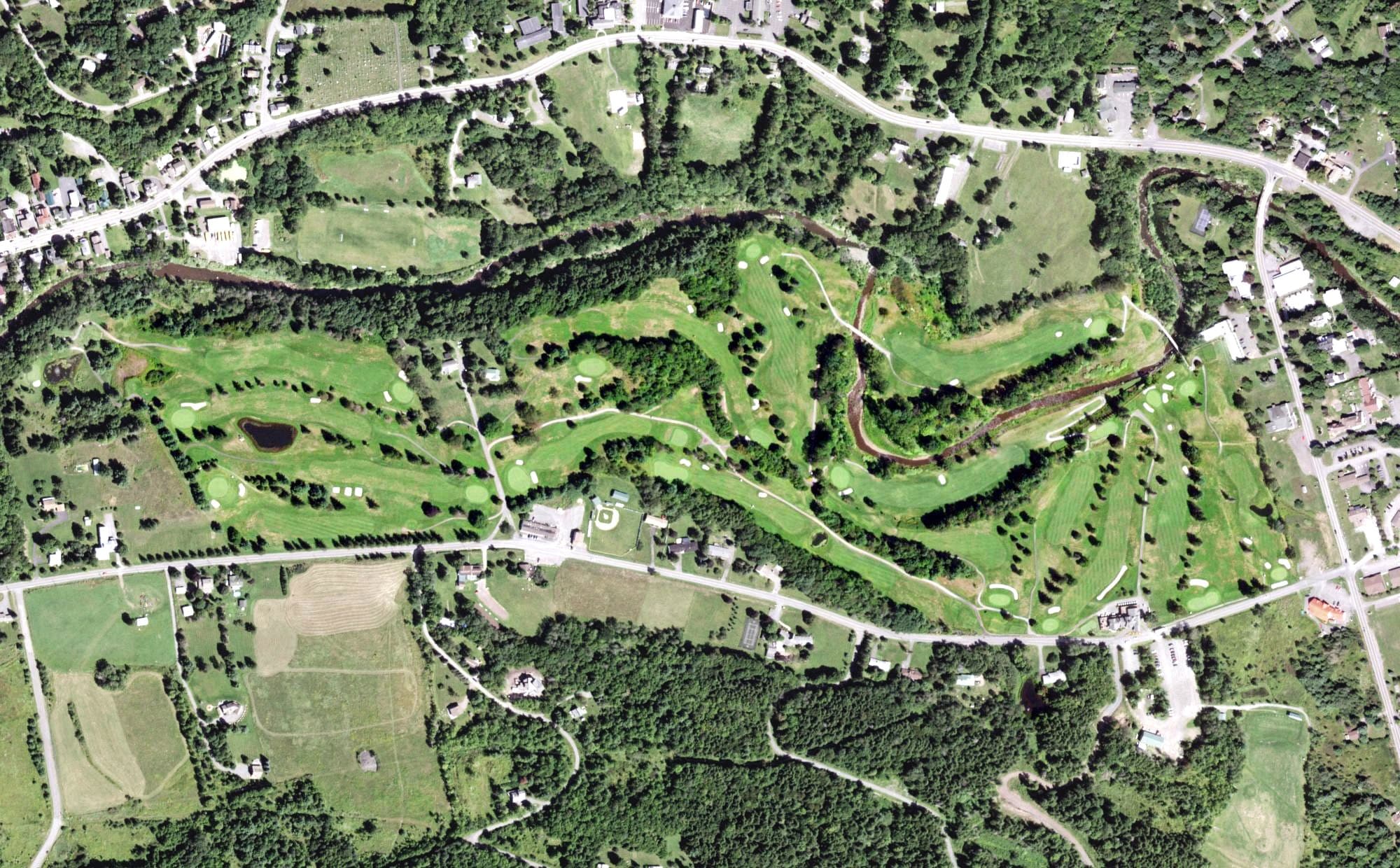 Aerial view of Windham Country Club, NY, with its hole routing marked