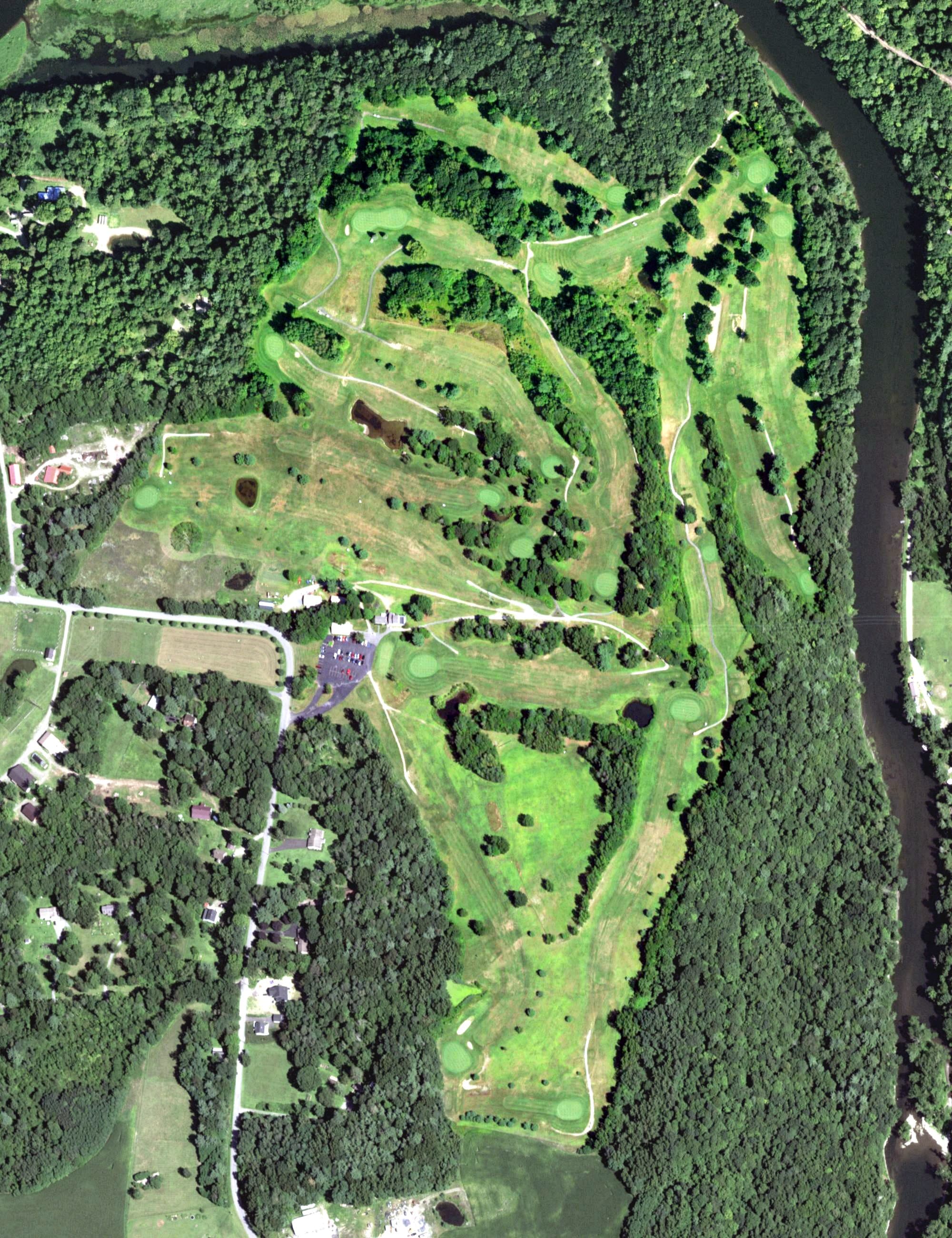 Aerial view of Windy Hills Golf Course, NY, with its hole routing marked