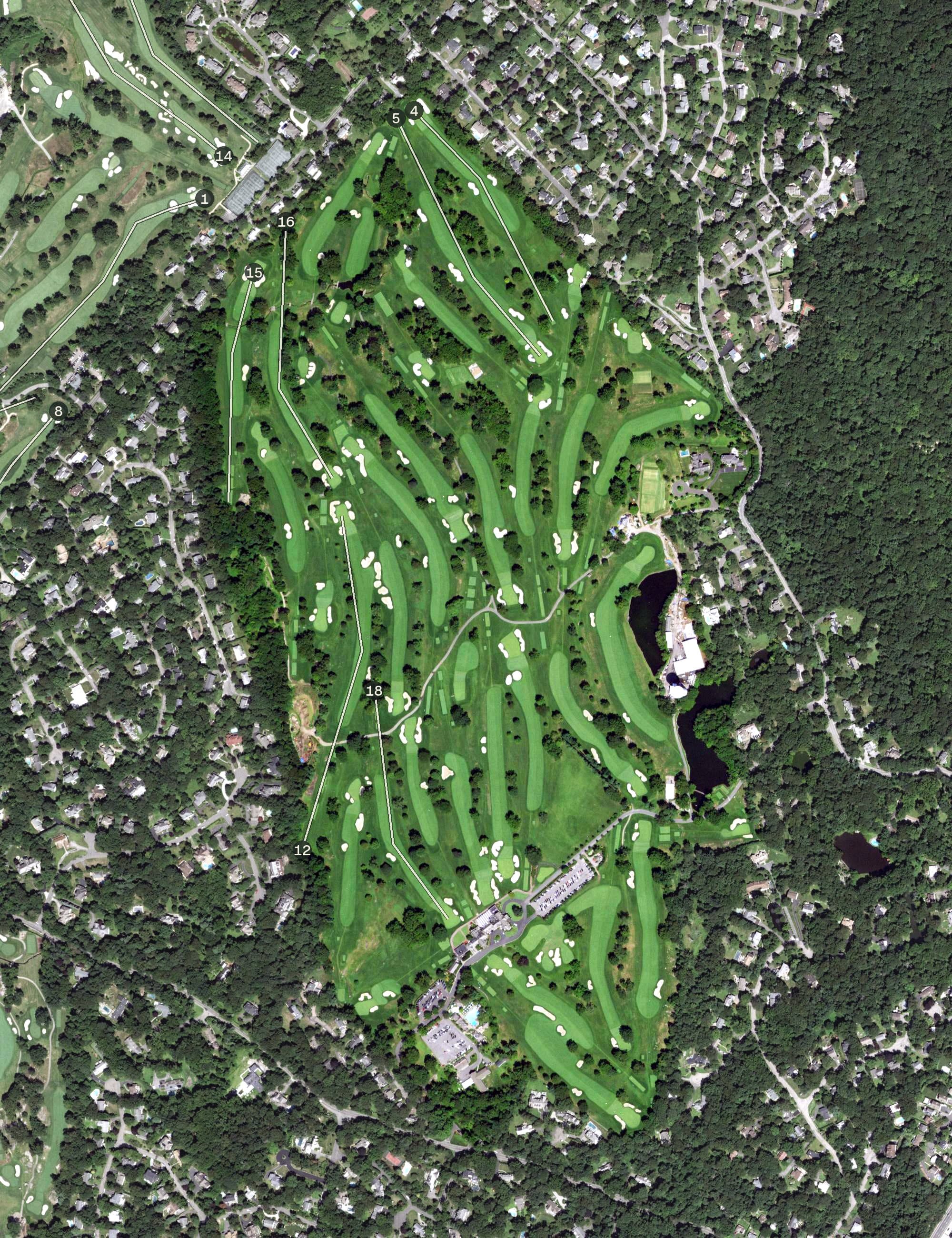 Aerial view of Winged Foot Golf Club, NY, with its hole routing marked