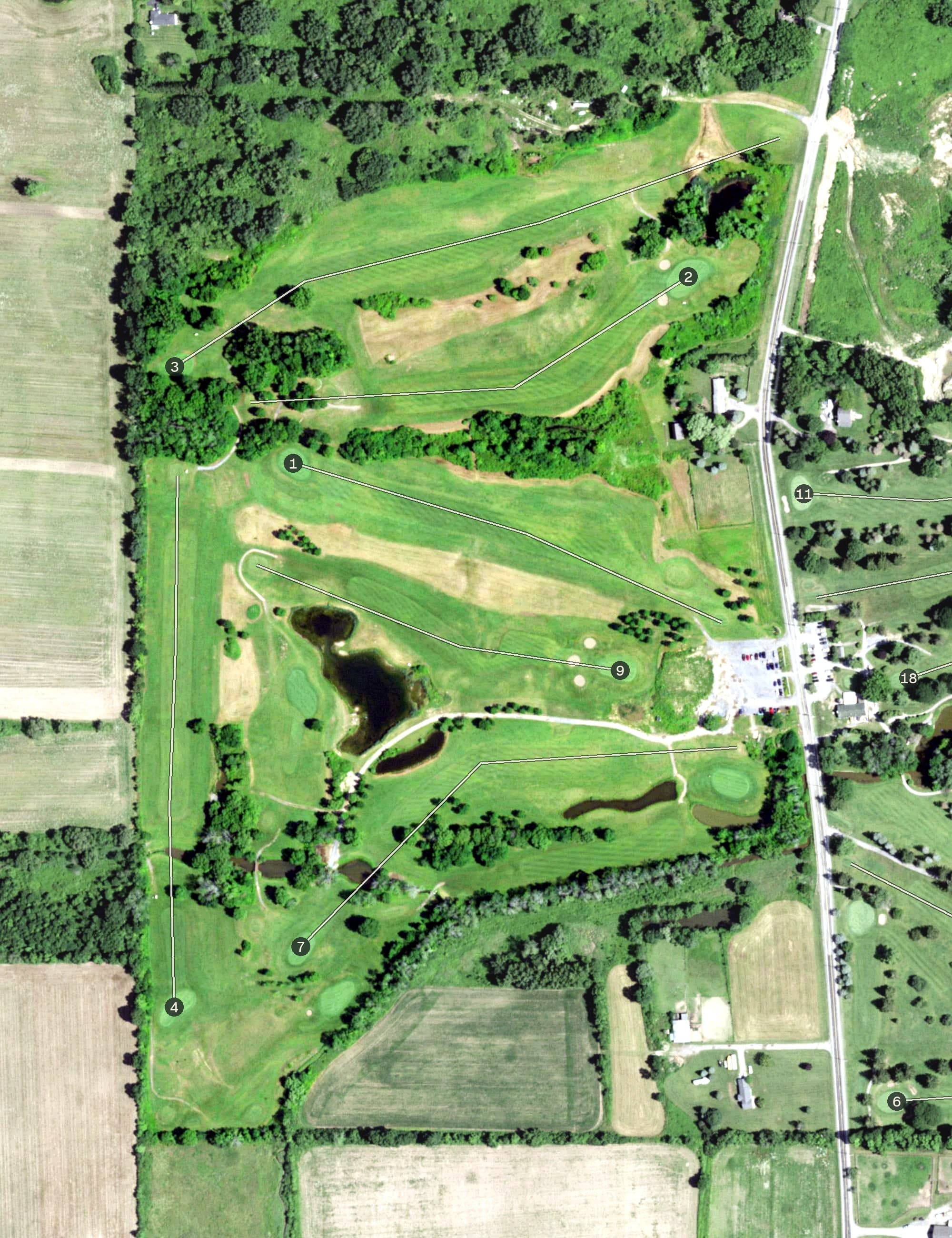 Aerial view of Winged Pheasant / The Roc Course, NY, with its hole routing marked