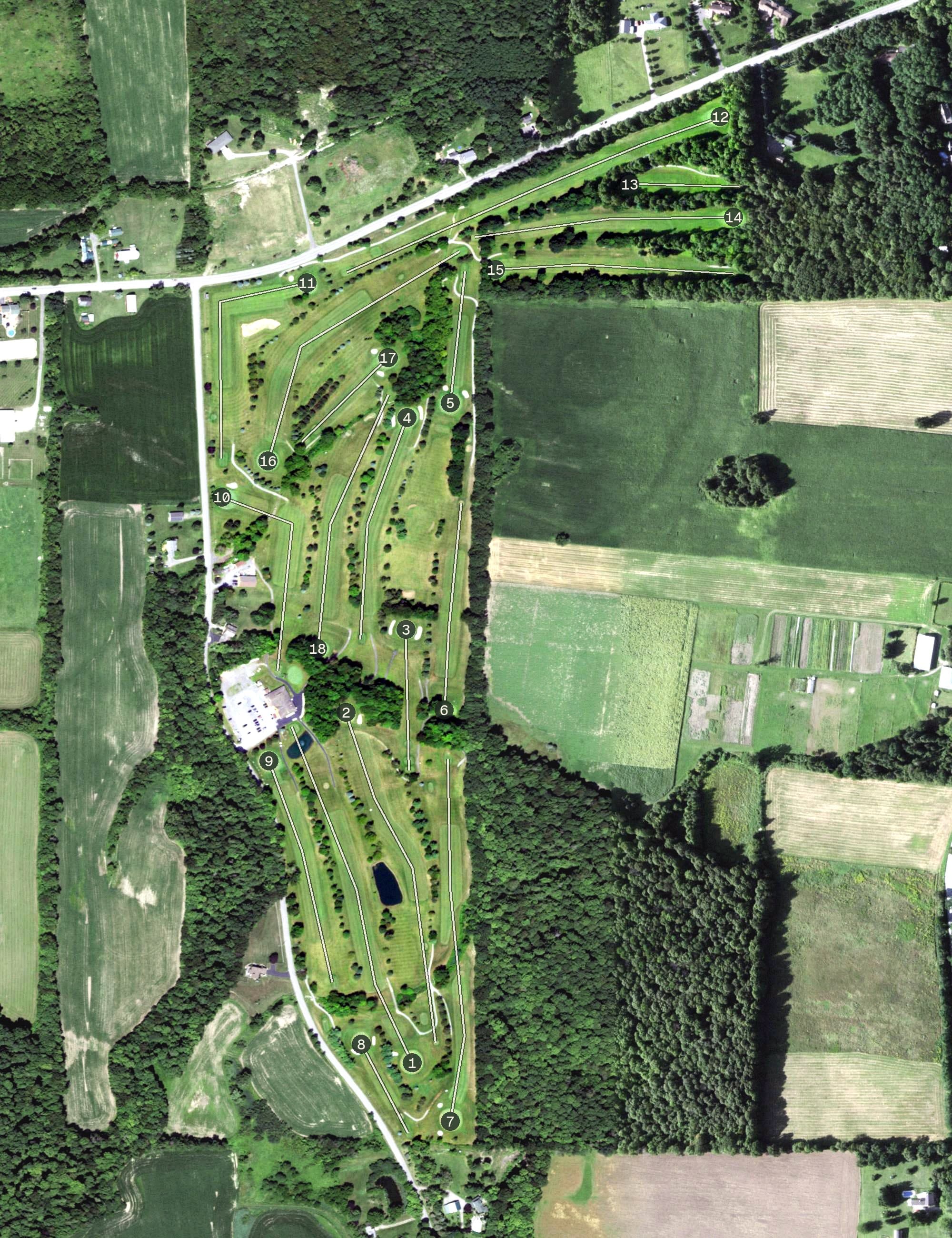 Aerial view of Woodcrest Golf Club, NY, with its hole routing marked