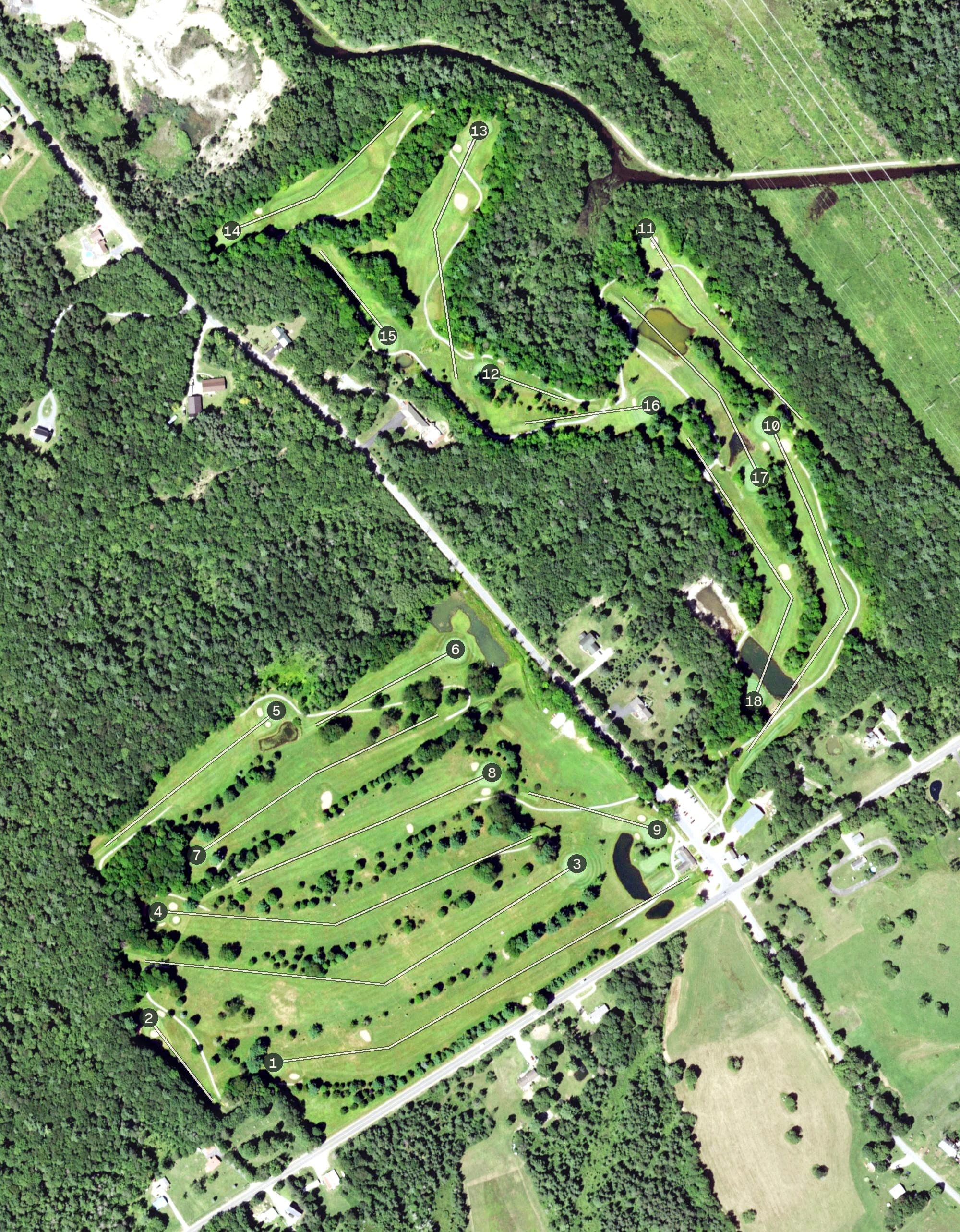 Aerial view of Woodgate Pines Golf Club, NY, with its hole routing marked