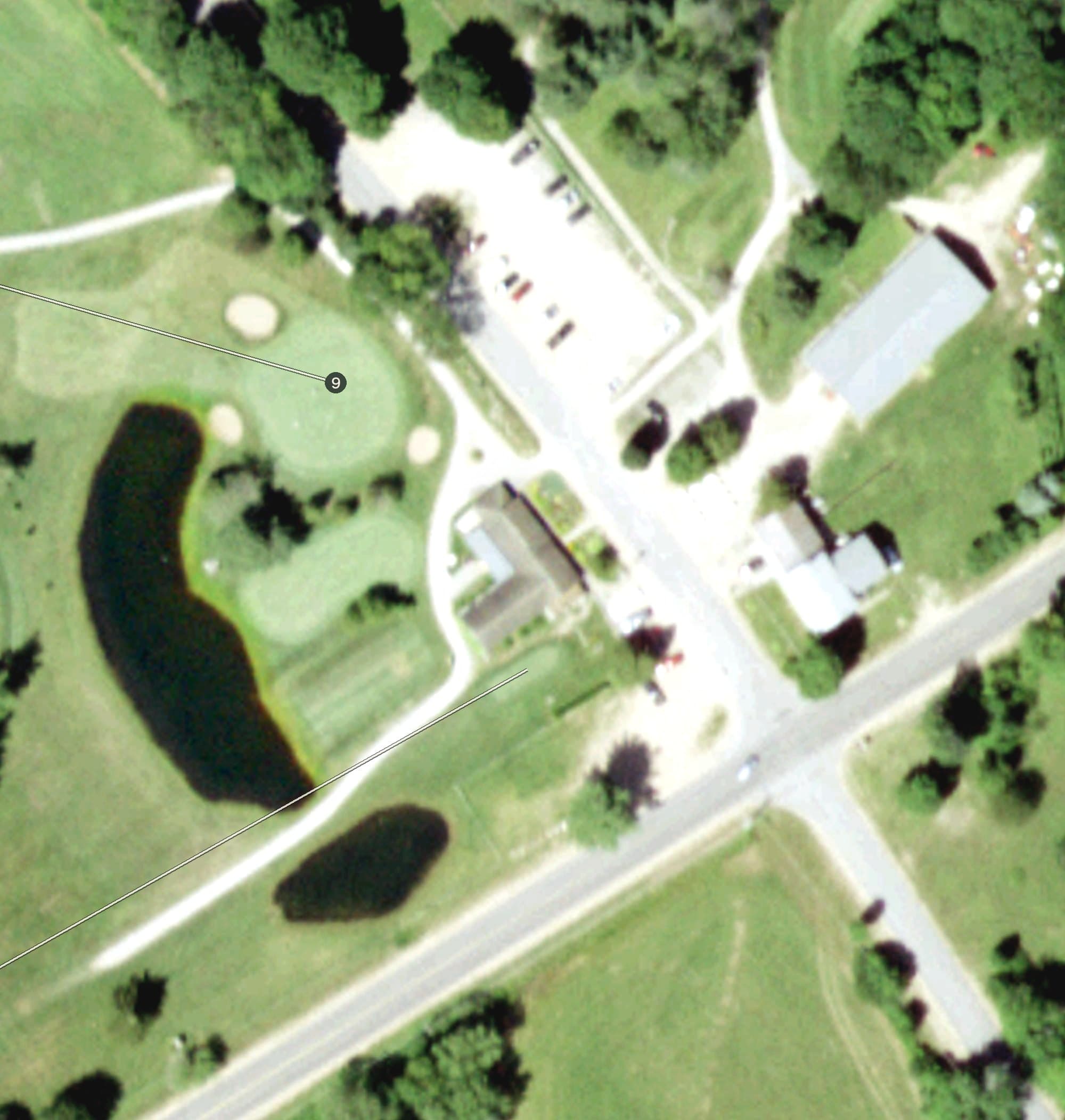 Aerial view of Woodgate Pines Pro Shop and Bar, NY, with its hole routing marked