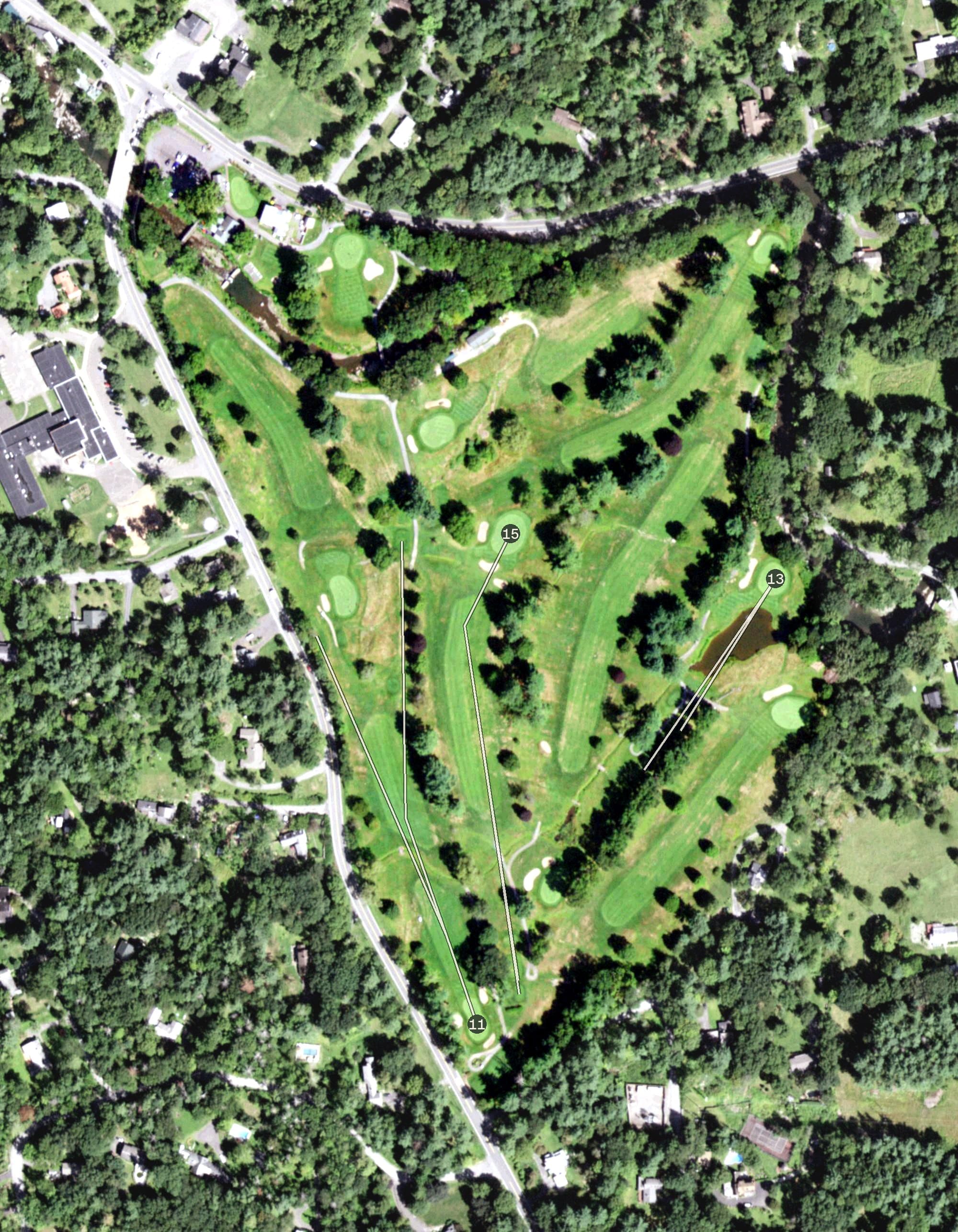 Aerial view of Woodstock Golf Club, NY, with its hole routing marked