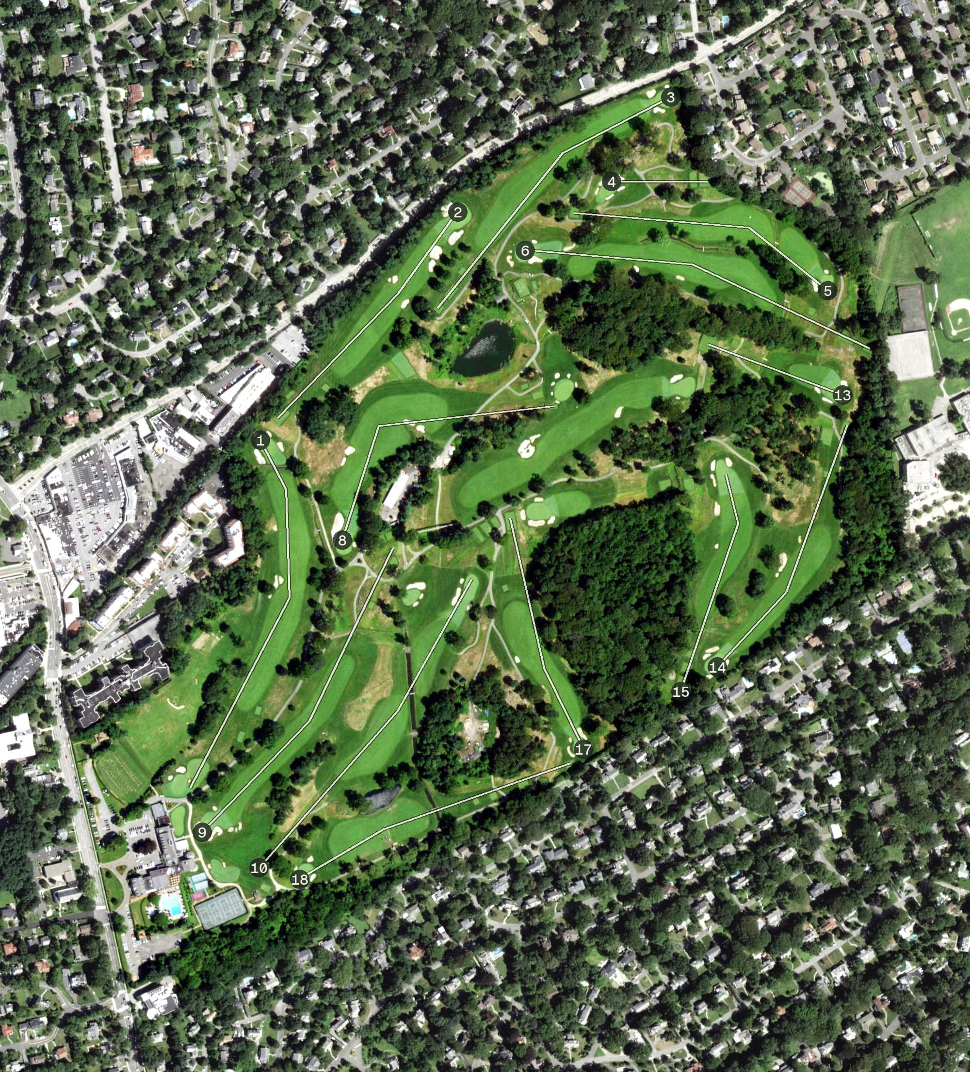 Aerial view of Wykagyl Golf Club, NY, with its hole routing marked