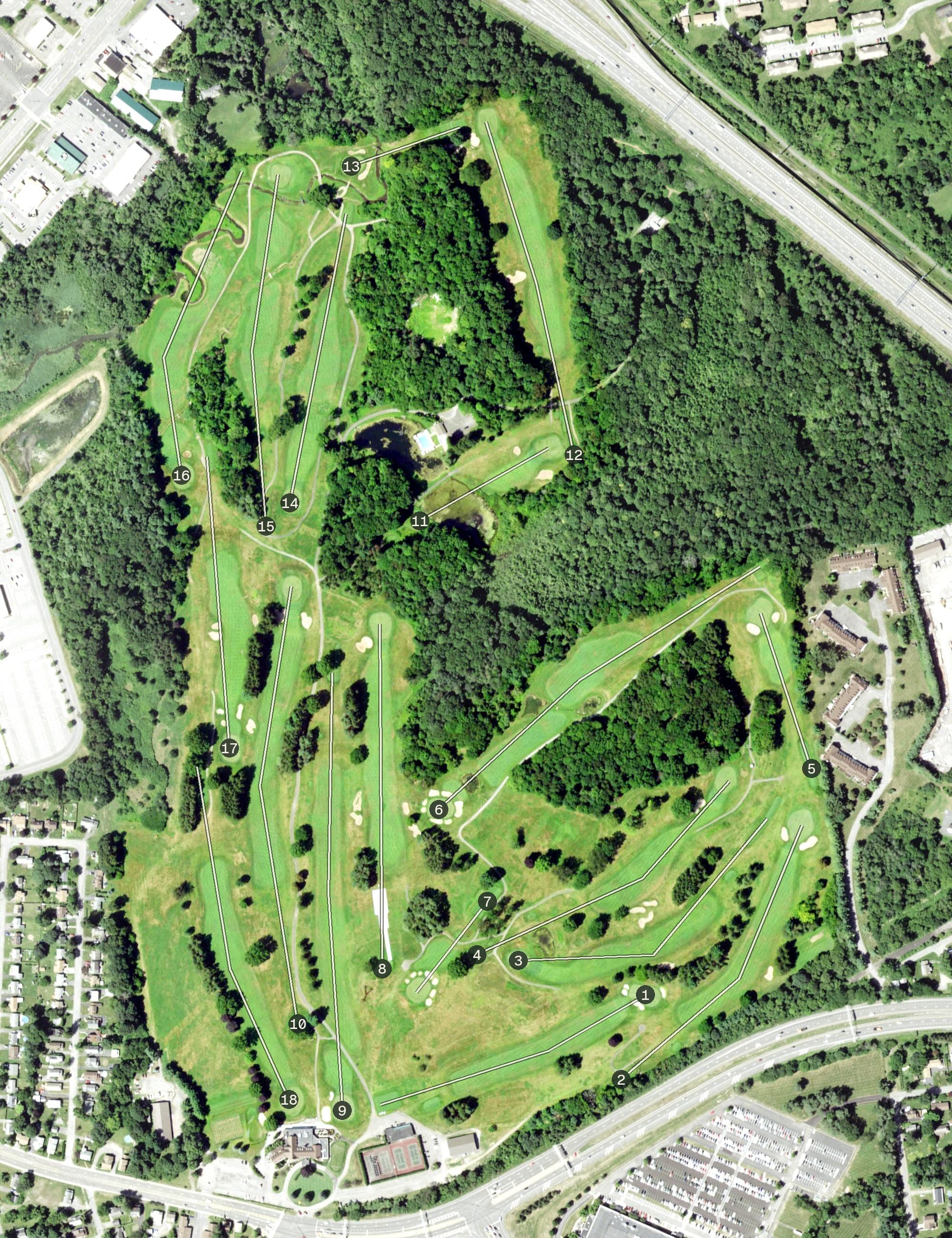 Aerial view of Yahnundasis Golf Club, NY, with its hole routing marked