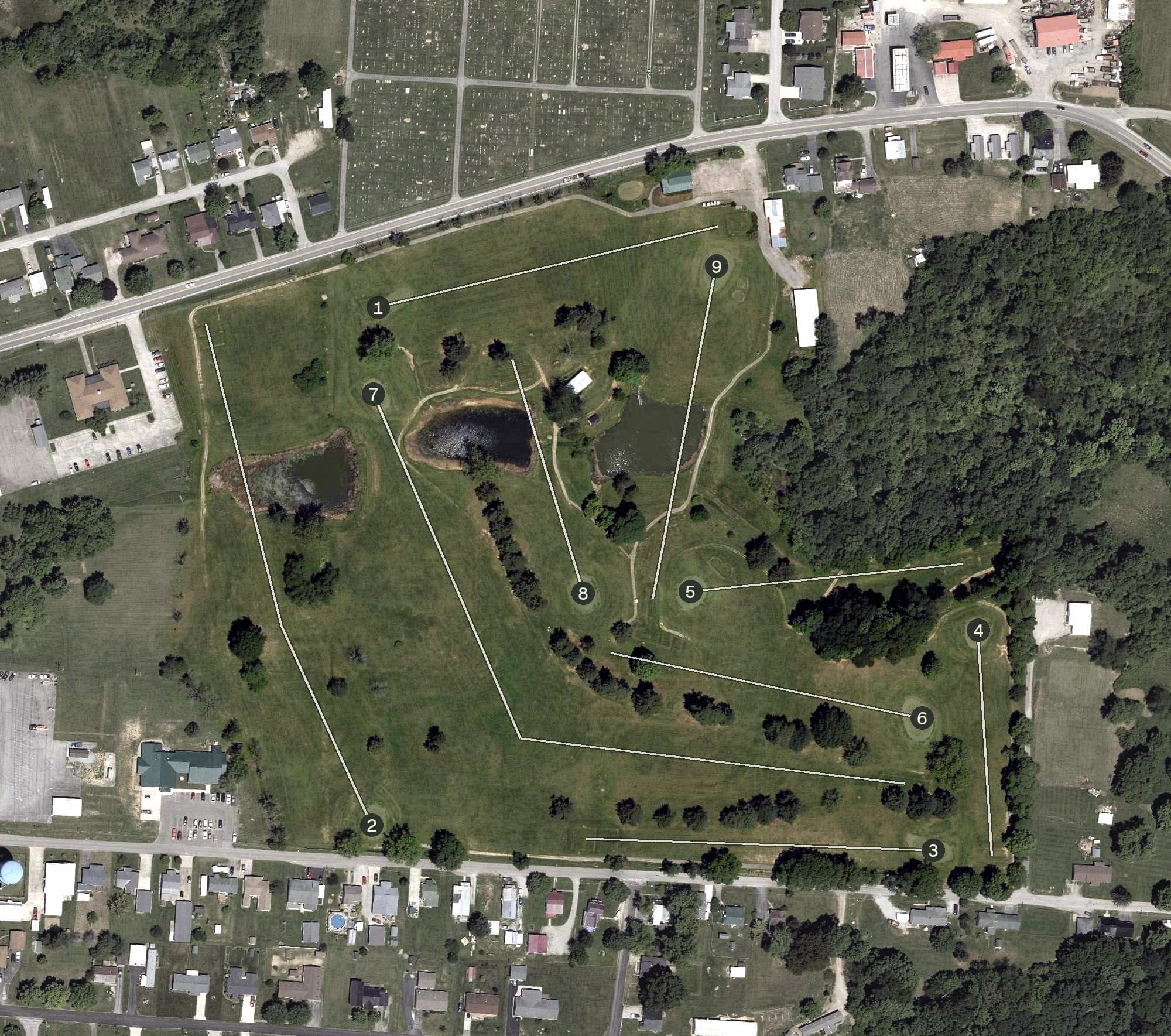Aerial view of Adams County Country Club, OH, with its hole routing marked