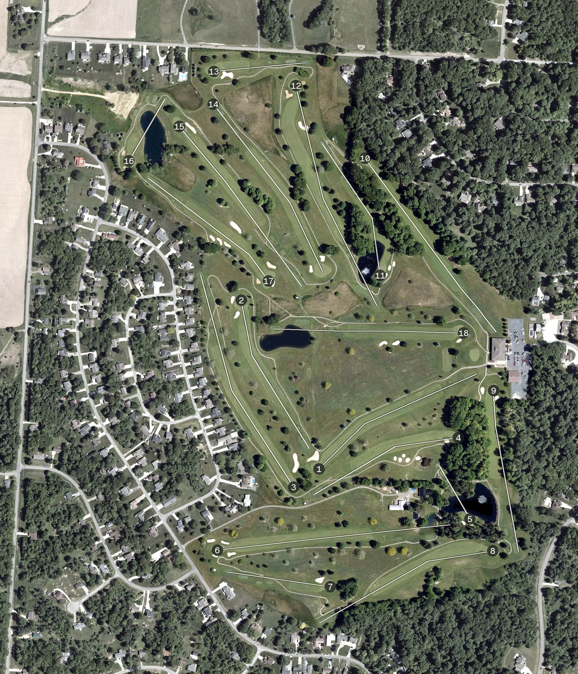 Aerial view of Apple Valley Golf Club, OH, with its hole routing marked