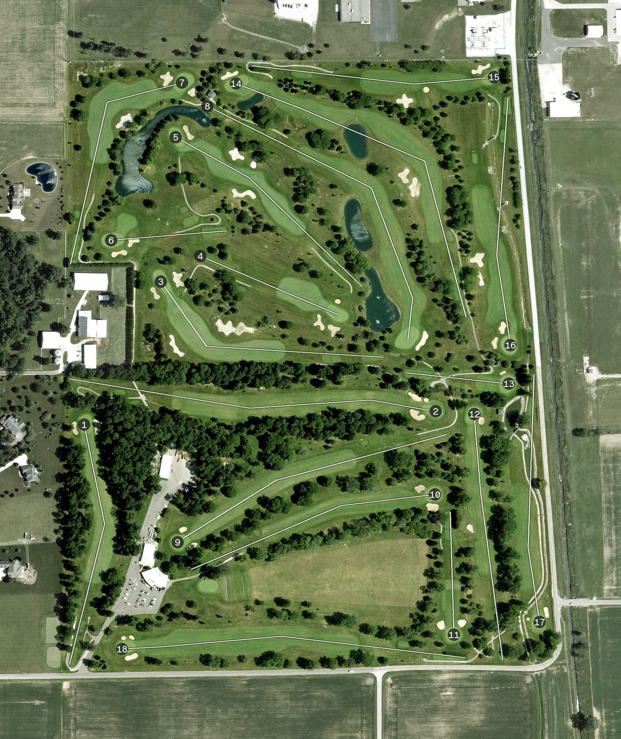 Aerial view of Arrowhead Golf Club, OH, with its hole routing marked