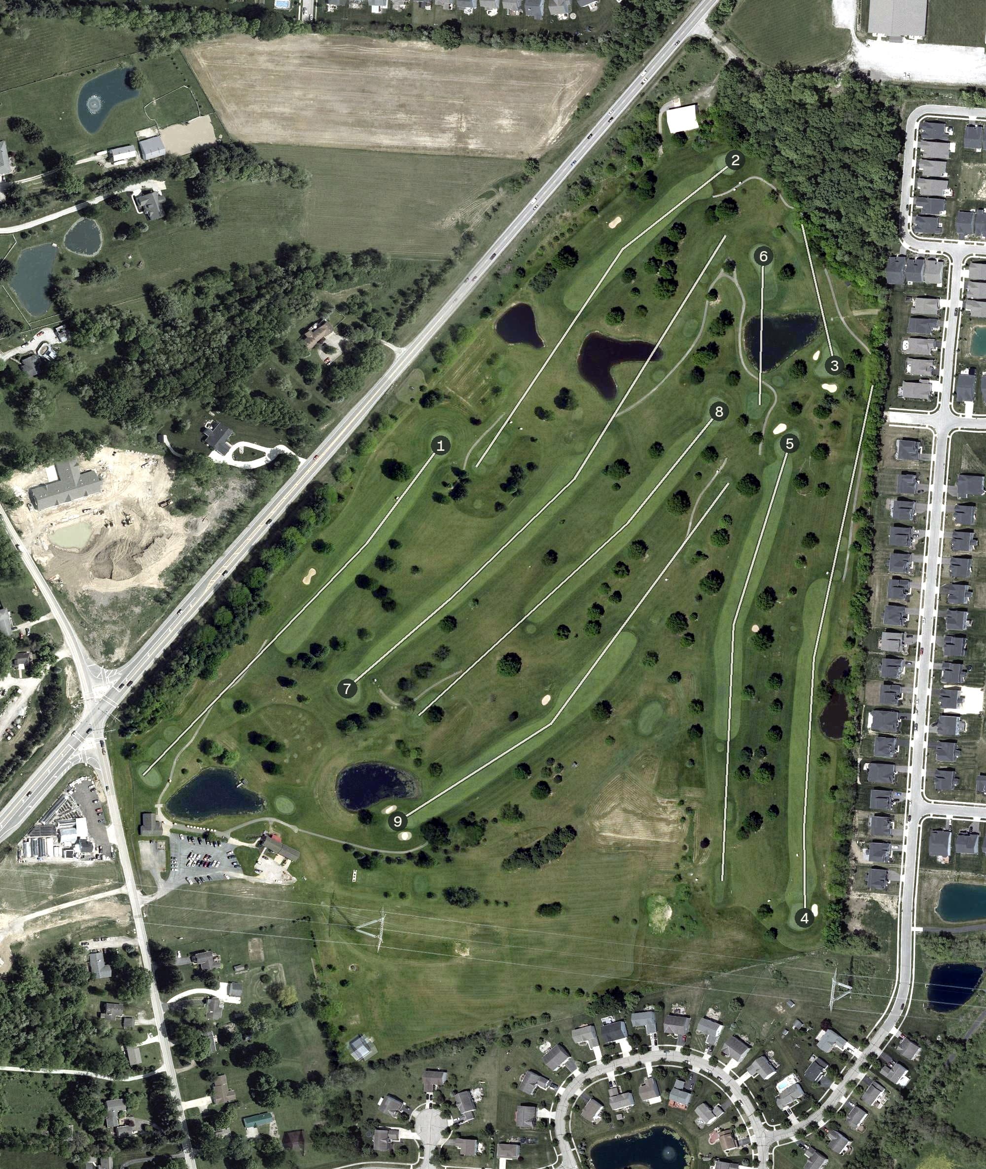 Aerial view of Arrowhead Lakes Golf Course, OH, with its hole routing marked