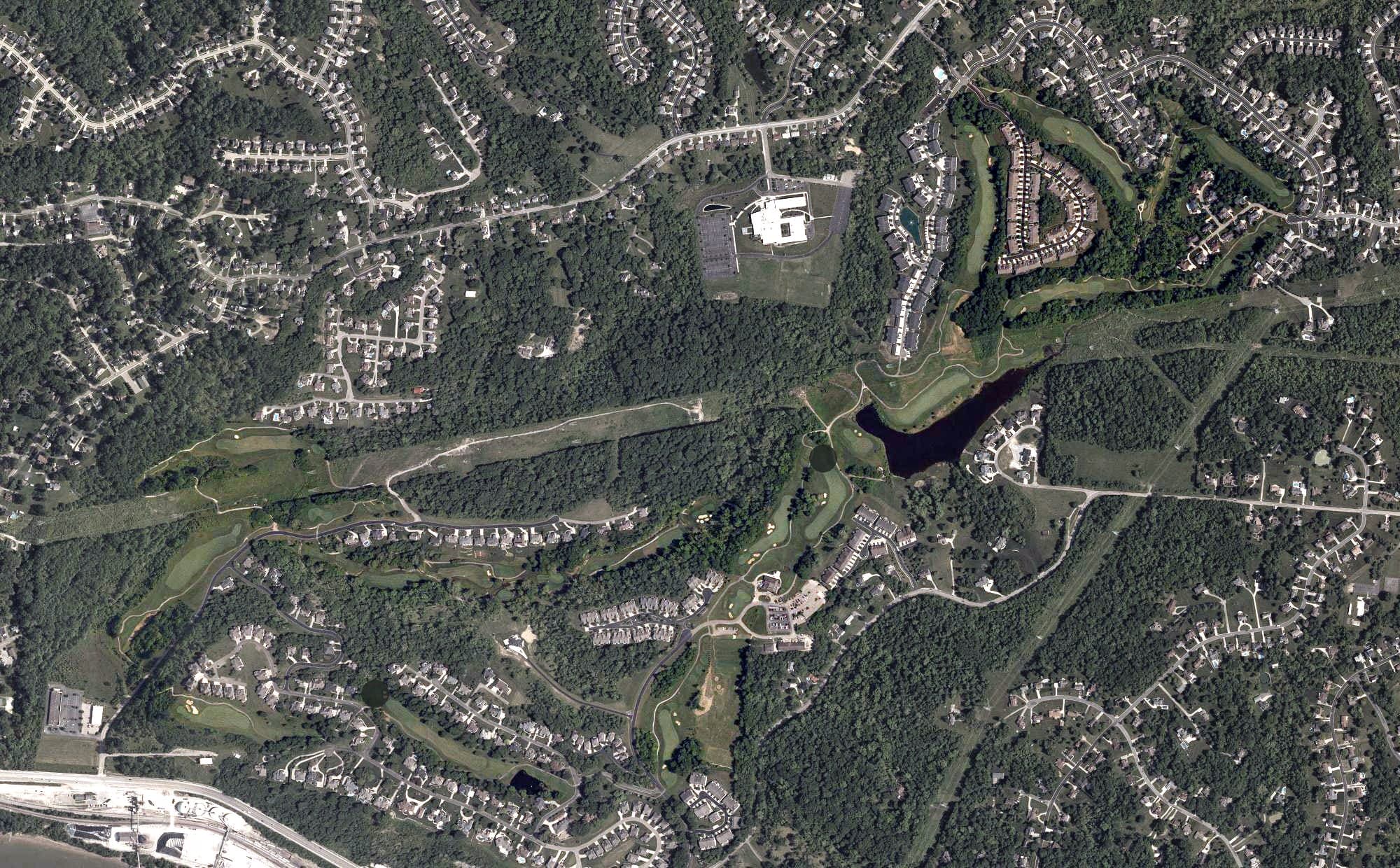 Aerial view of Aston Oaks Golf Club, OH, with its hole routing marked