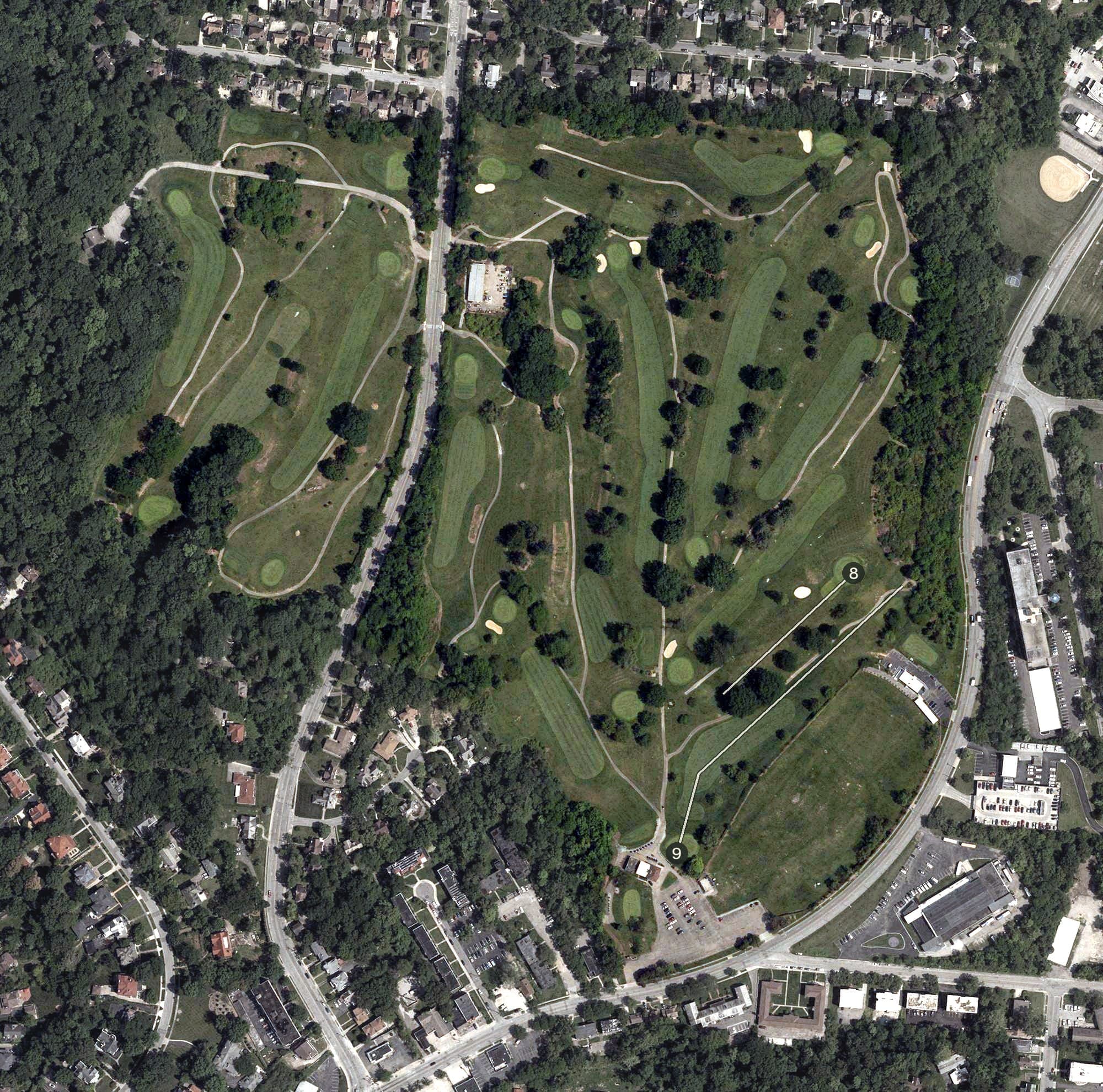 Aerial view of Avon Field, OH, with its hole routing marked