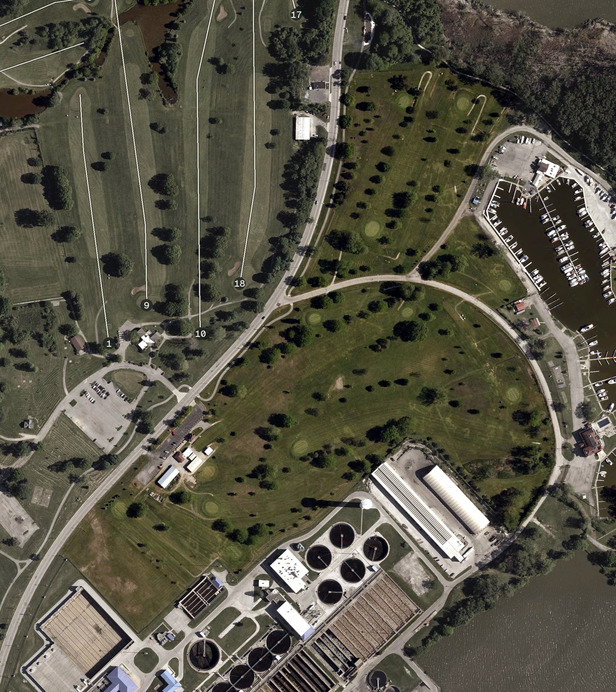 Aerial view of Bay View Retirees Golf Course, OH, with its hole routing marked