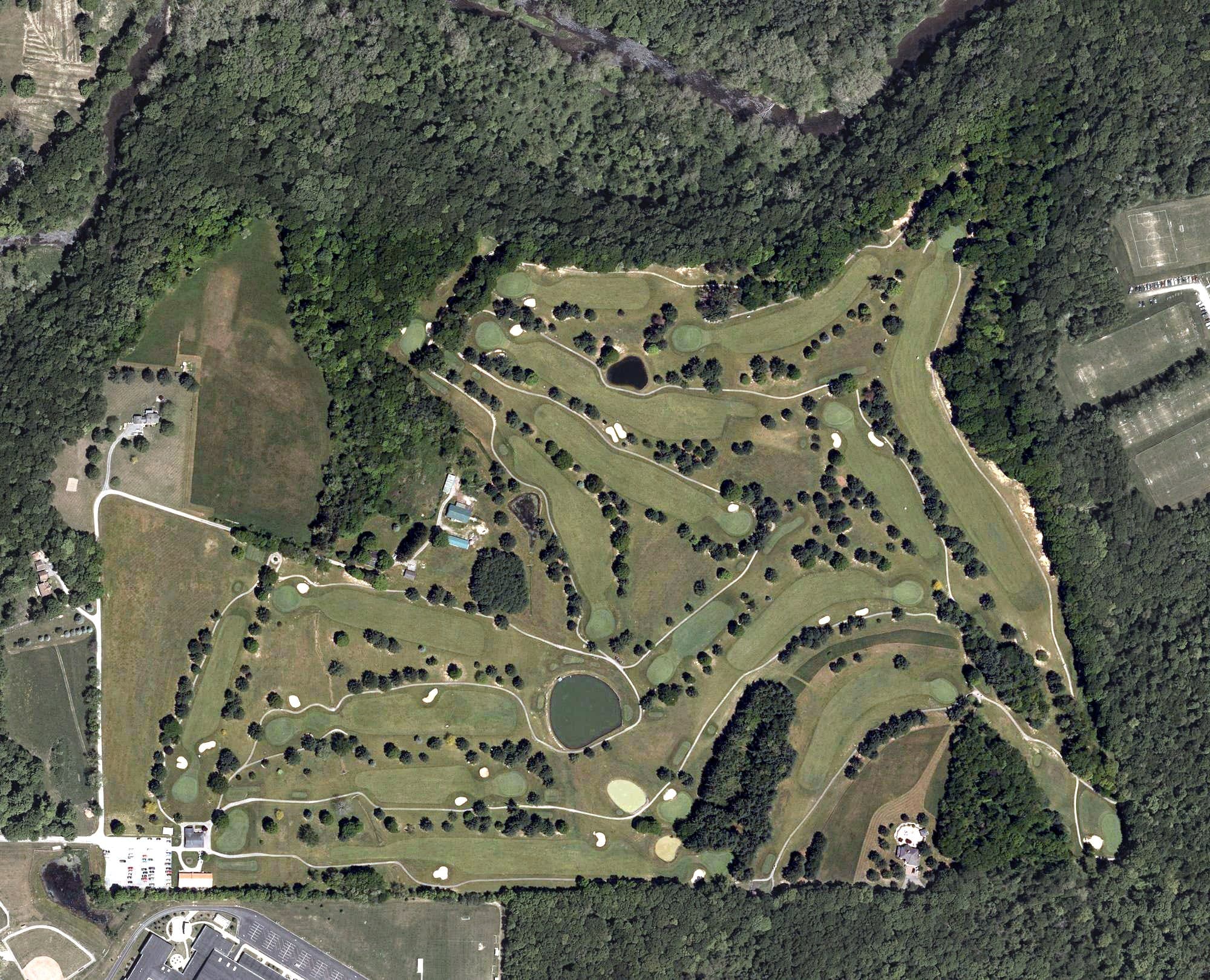 Aerial view of Beaver Creek Meadows Golf Course, OH, with its hole routing marked