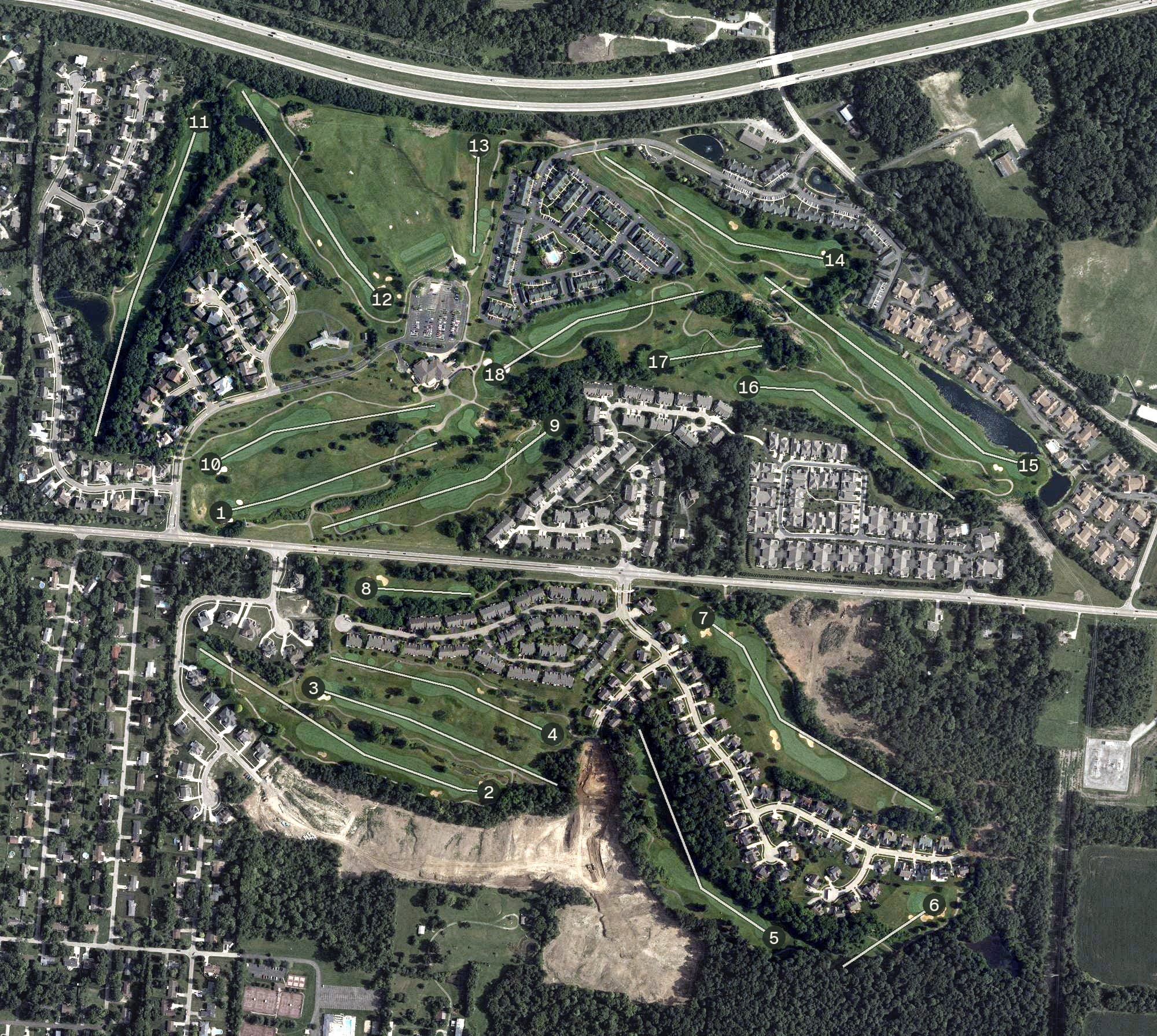 Aerial view of Beavercreek Golf Club, OH, with its hole routing marked