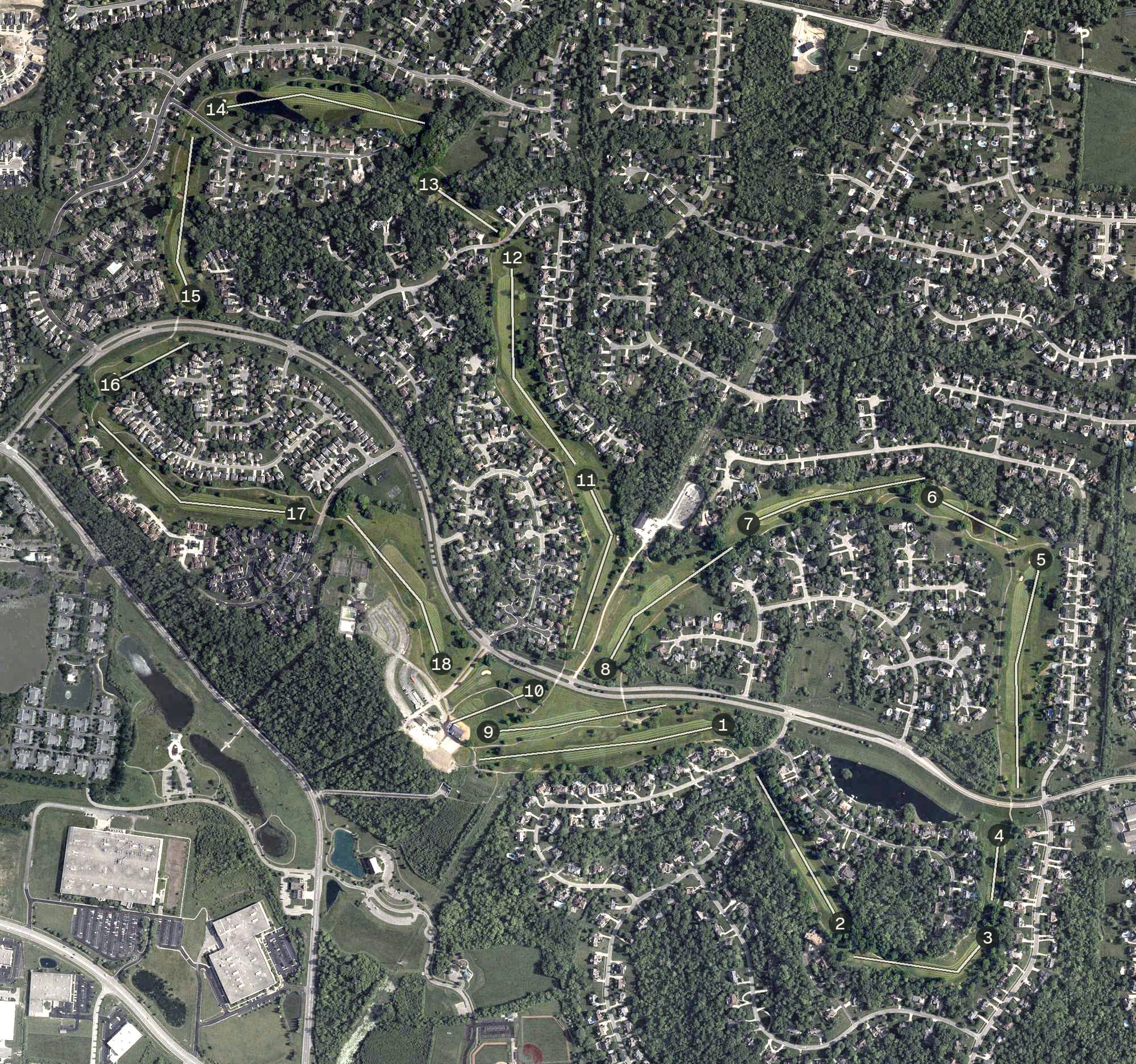 Aerial view of Beckett Ridge Country Club, OH, with its hole routing marked
