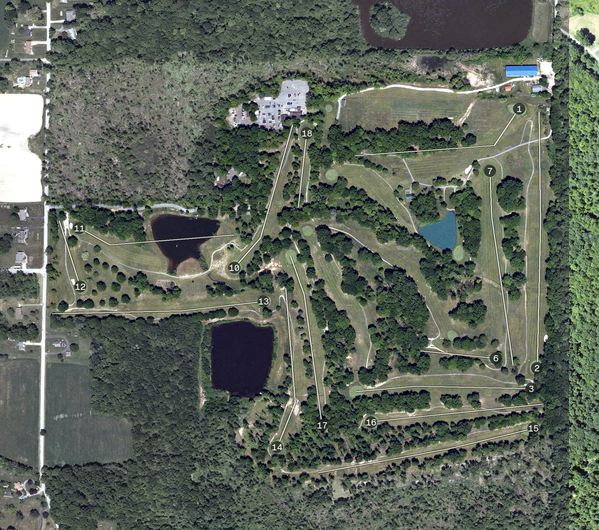 Aerial view of Bedford Trails Golf Course, OH, with its hole routing marked