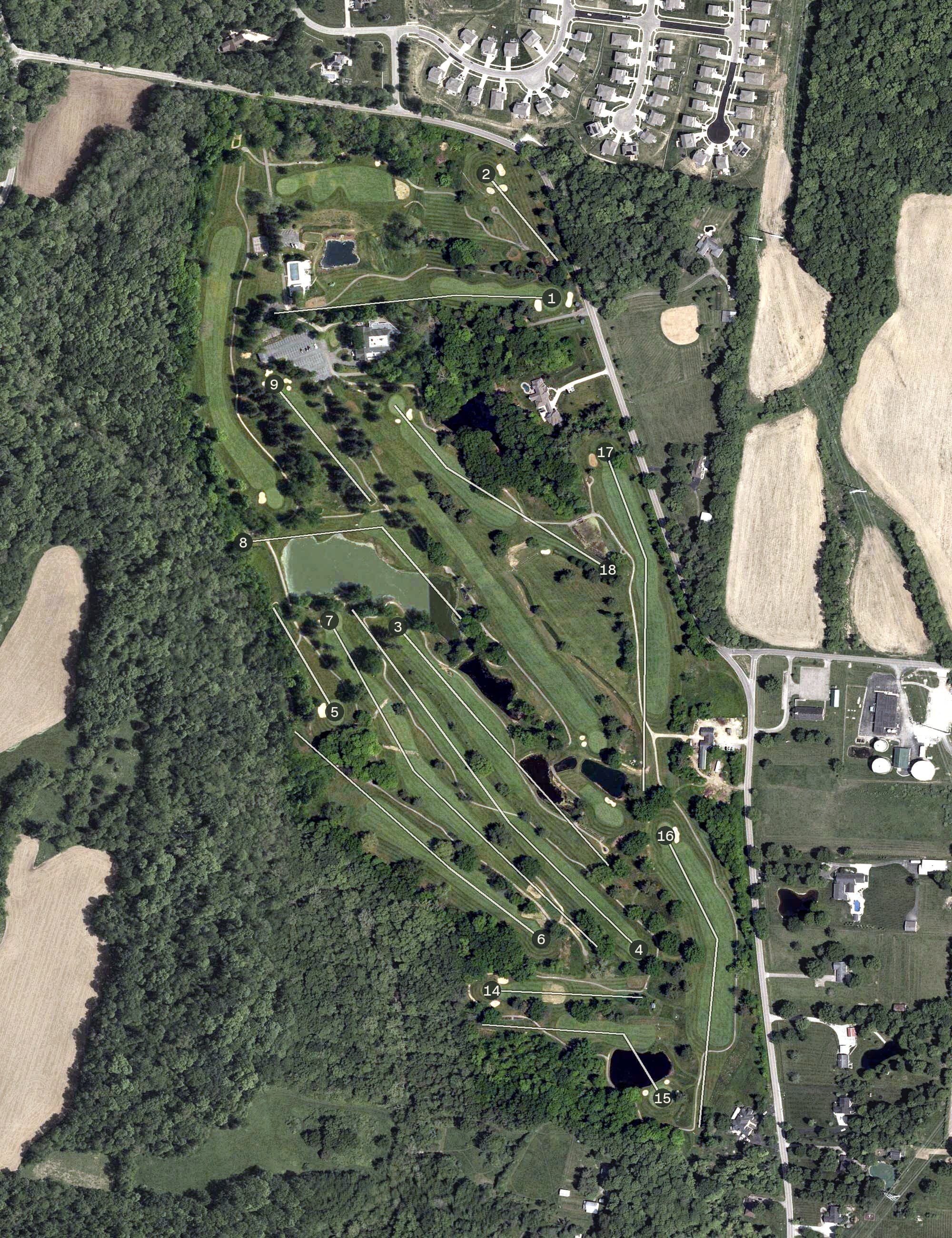 Aerial view of Bel-Wood Country Club, OH, with its hole routing marked