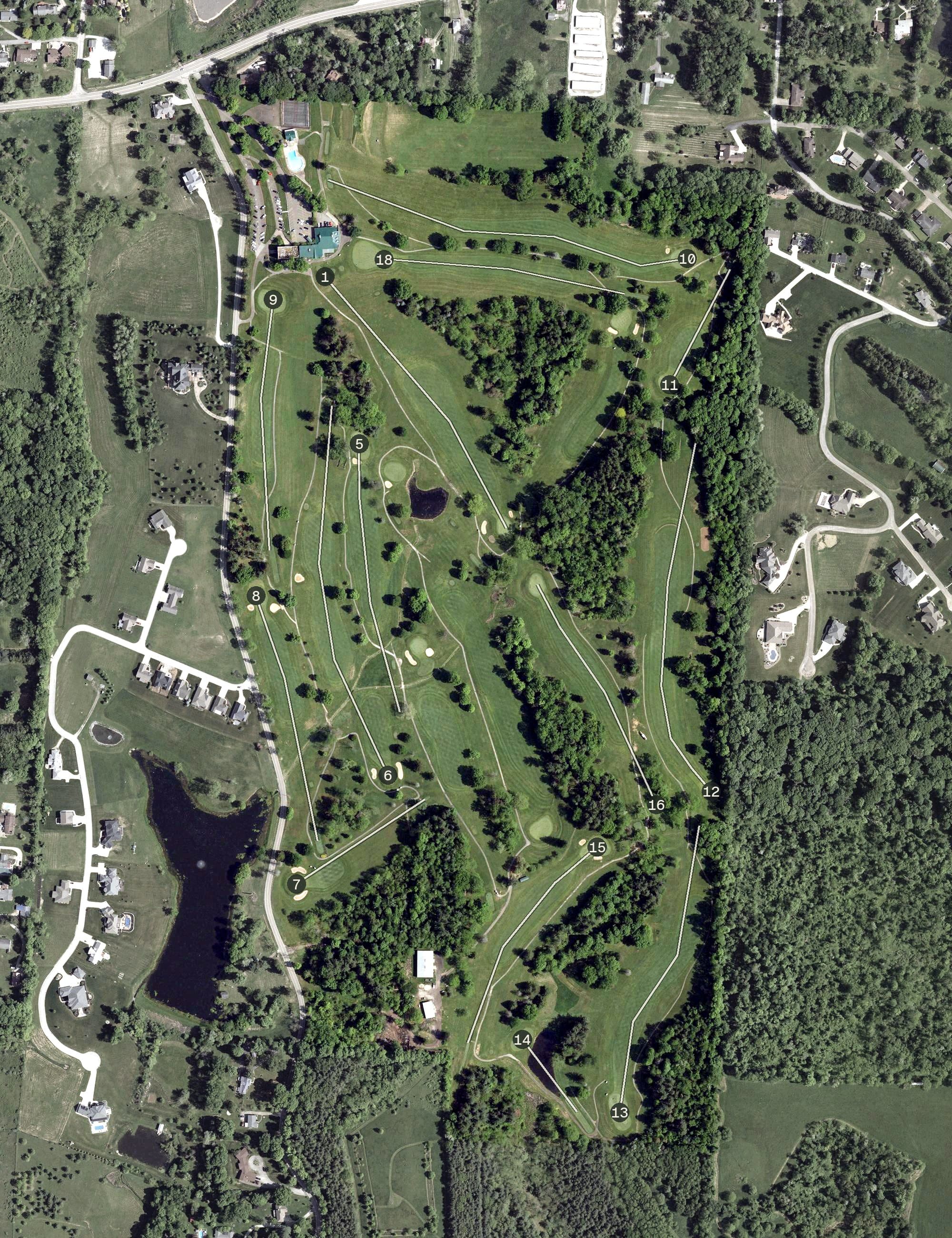 Aerial view of Belmont Hills Country Club, OH, with its hole routing marked